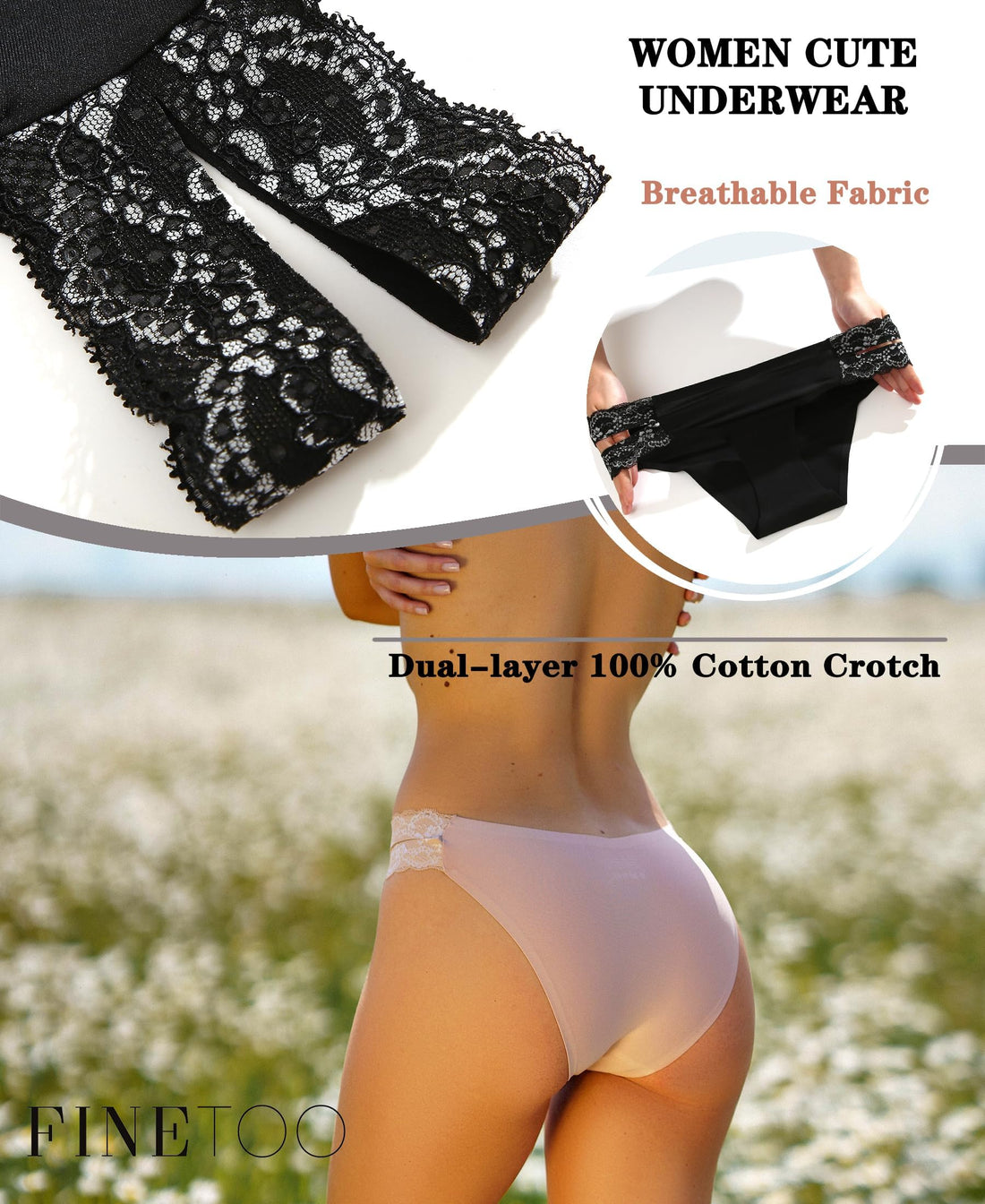 FINETOO Seamless Underwear for Women Cheeky Bikini Panties High Cut V-waist Lace Underwear Women Cute Bikinis 6 Pack