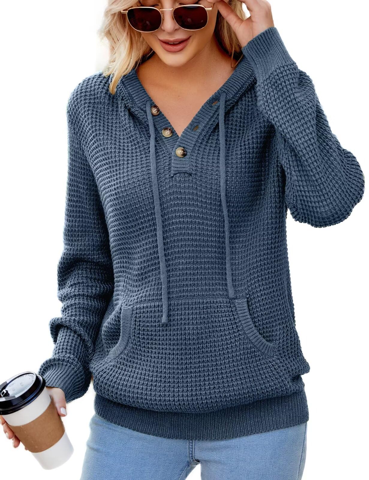CiCiBird Women's Fall Hoodies Sweater V Neck Waffle Knit Top with Pocket | Loose Fit, V Neck Button, Adjustable Drawstring, Long Sleeve, Kangaroo Pocket, Weekend Errands, Daily Wear, Work Casual