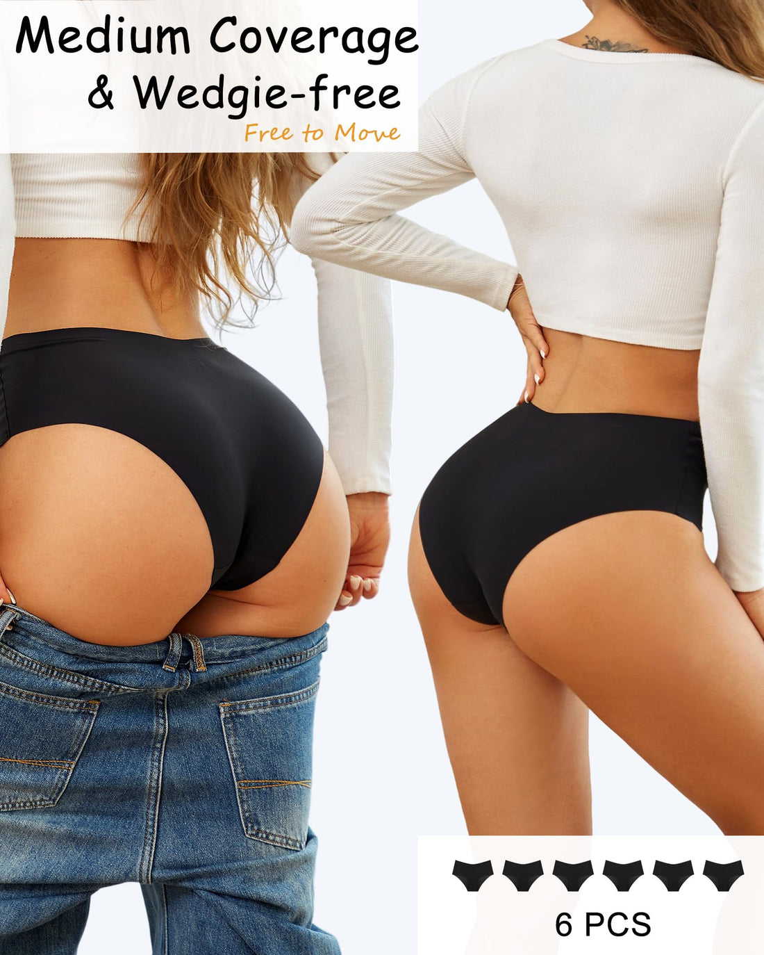 Sth Big High Waisted Seamless Underwear for Women No Show Panties Cheeky Scalloped Edge Bikini Breathable Briefs 6 Pack