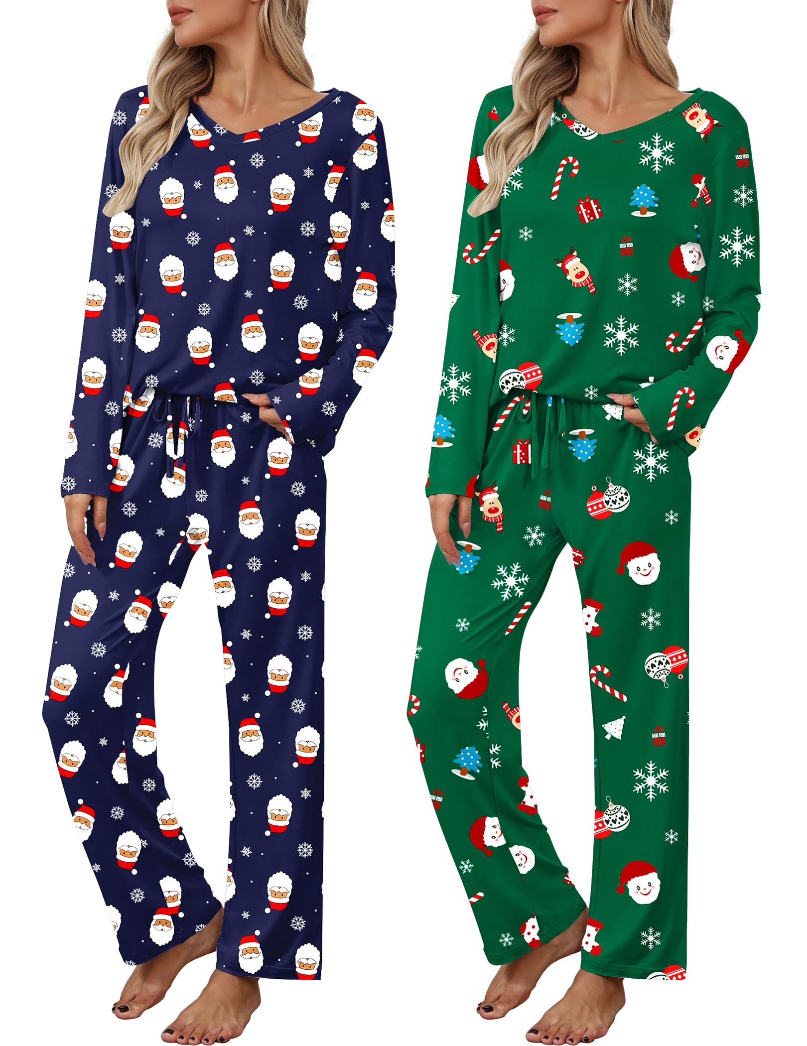 2 Pack: Women's Long Sleeve Pajama Sets - V Neck Top and Pants Lounge sets