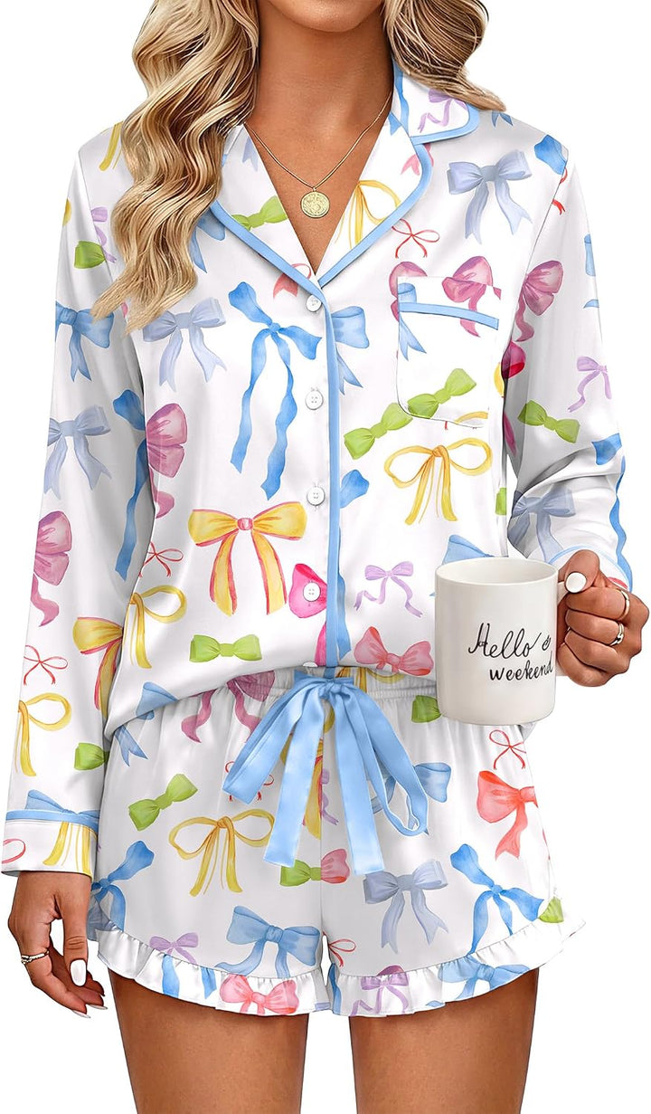 Ekouaer Womens Satin Pajamas Set 2 Piece Long Sleeve and Ruffle Shorts