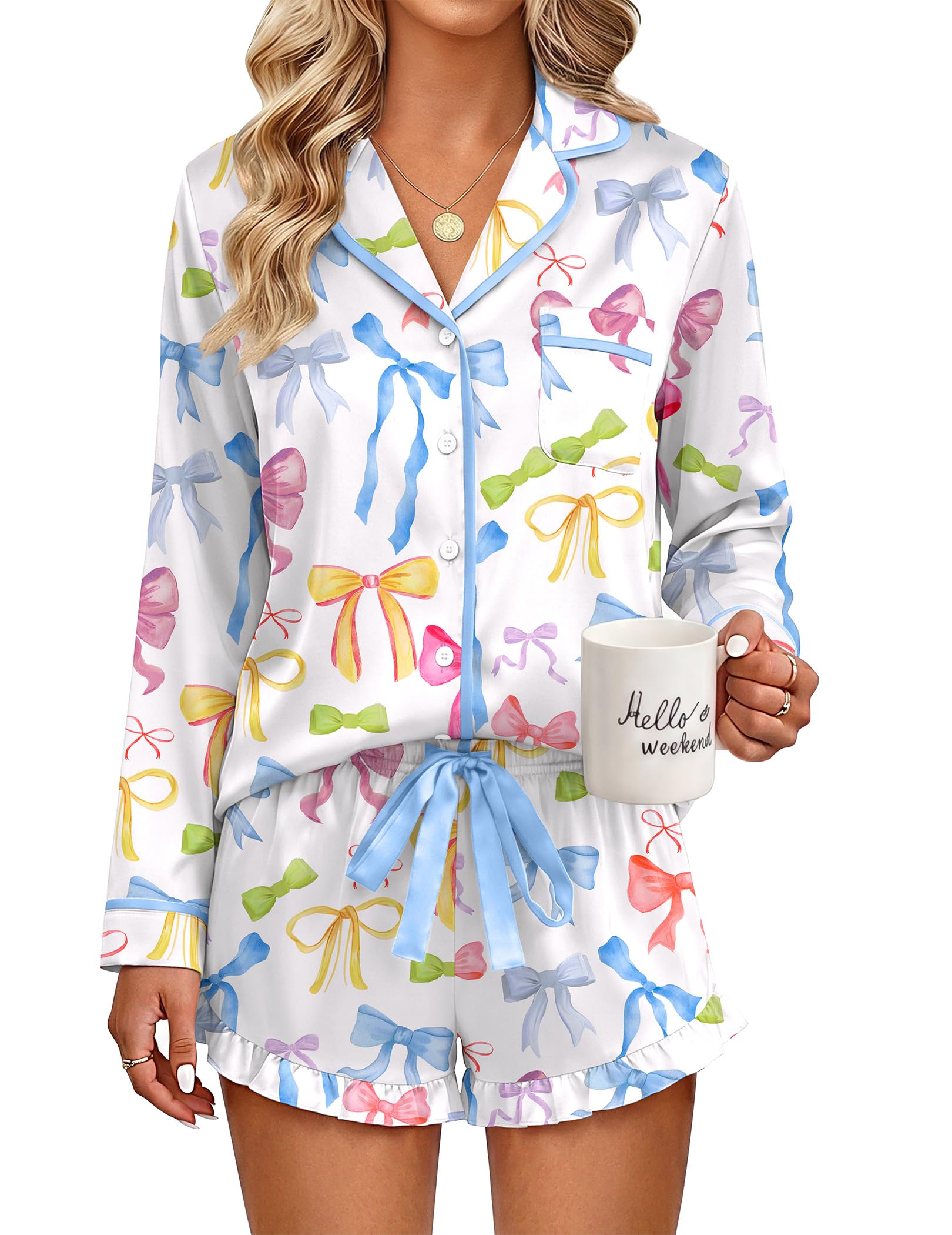 Ekouaer Womens Satin Pajamas Set 2 Piece Long Sleeve and Ruffle Shorts
