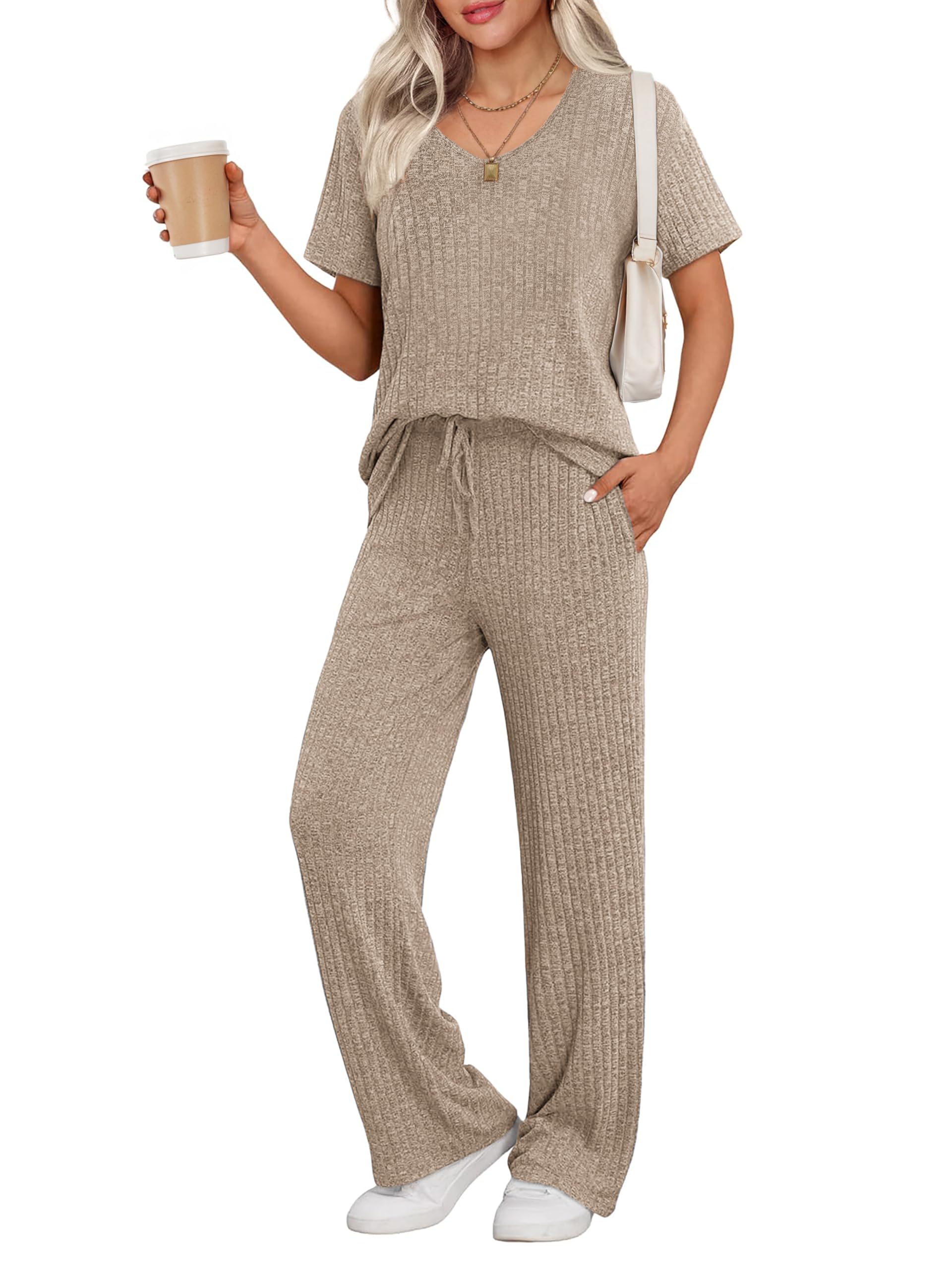 Ekouaer Womens Ribbed Knit Lounge Set Short Sleeve Top and Long Pants Sleepwear Pajama Set Two Piece Matching Outfits Set