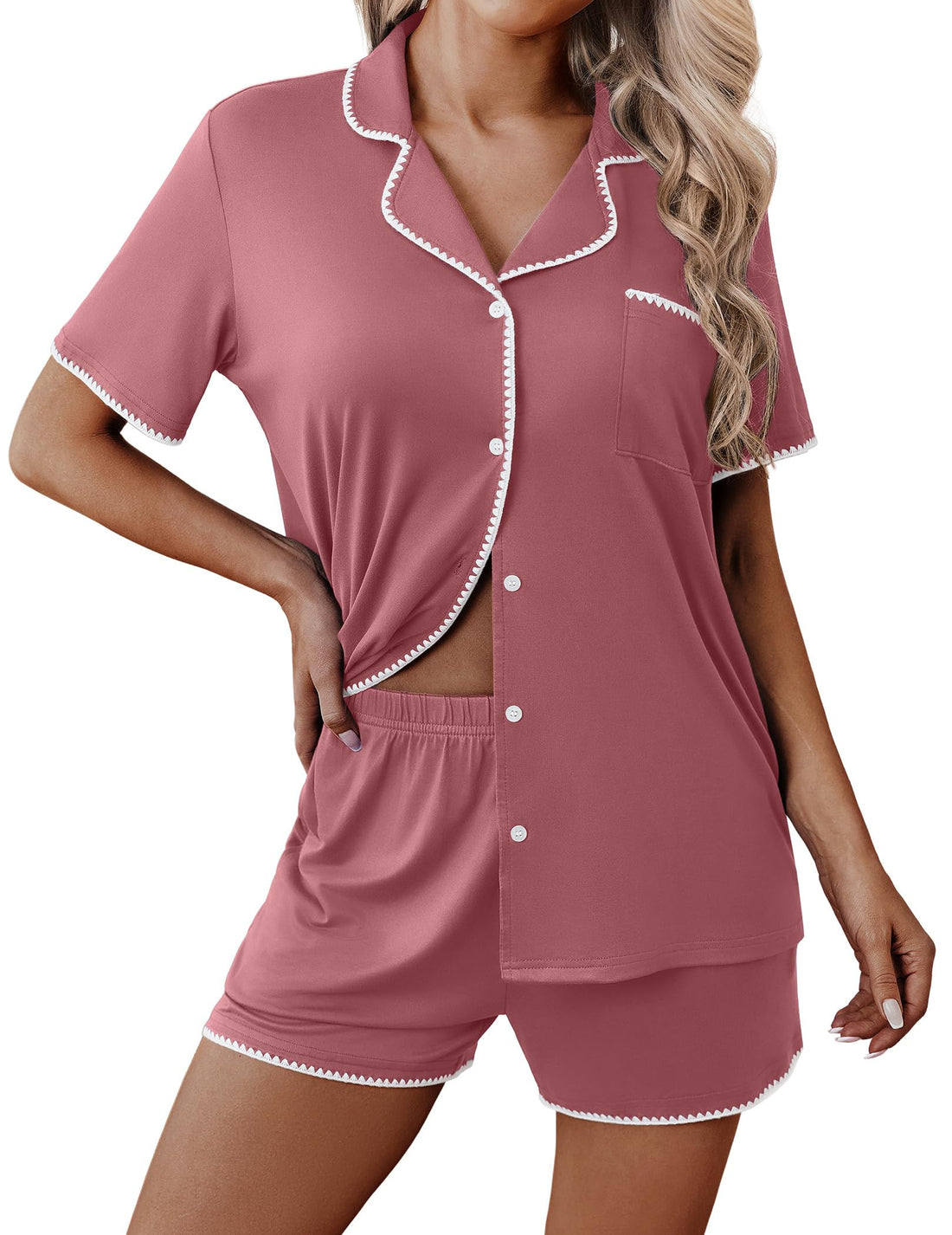 Ekouaer Pajamas for Women Set 2 Piece Soft Button Down Top and Shorts