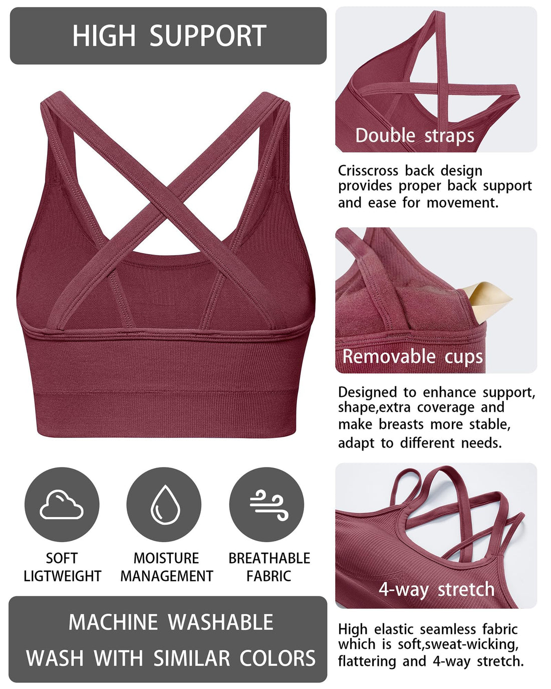 Sports Bras for Women HIigh Support, Criss-Cross Back Padded Strappy High Impact Sports Bras for Women Large Bust