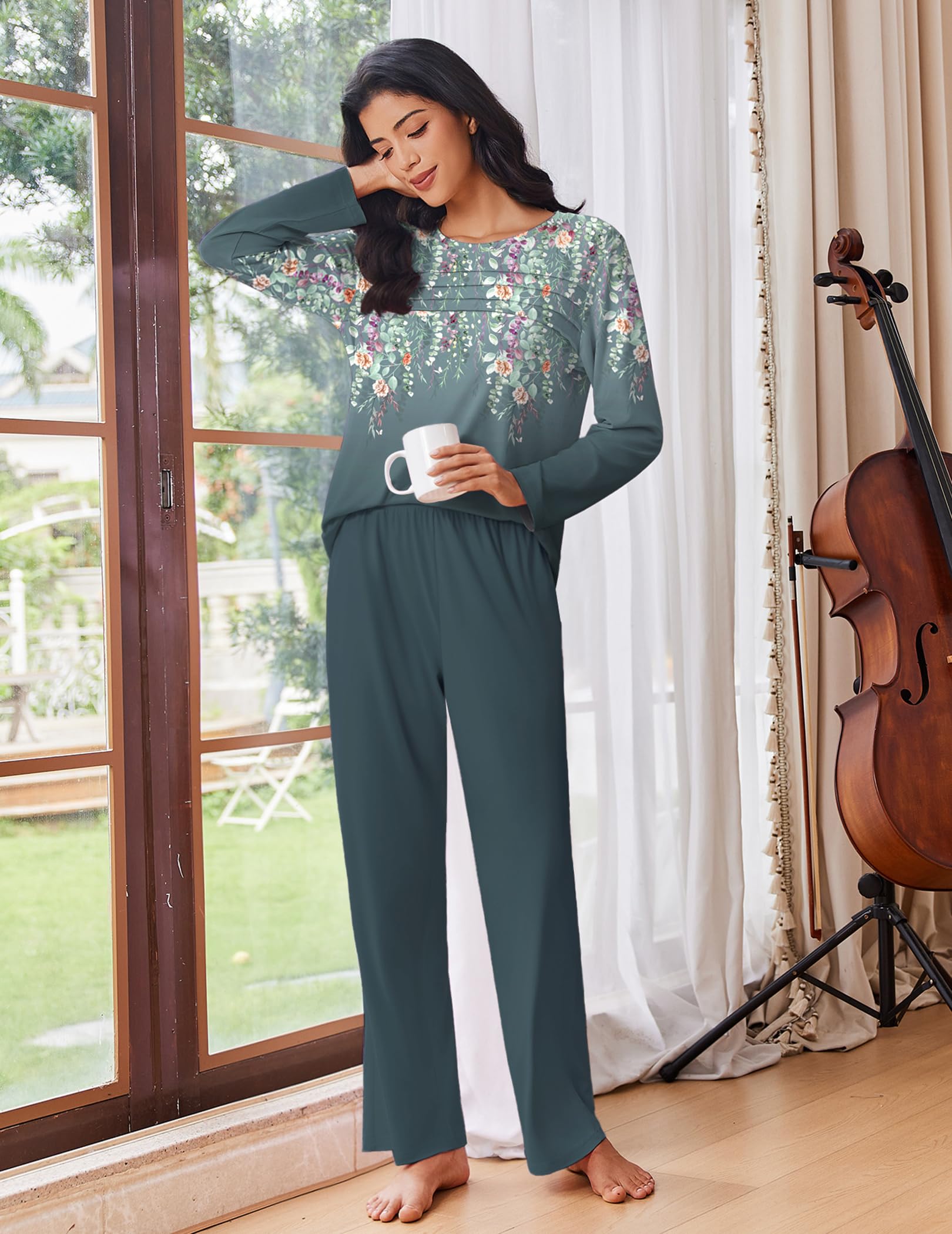 Ekouaer Womens Pajama Sets Pleated Tops with Long Sleeve Fall Lounge Set