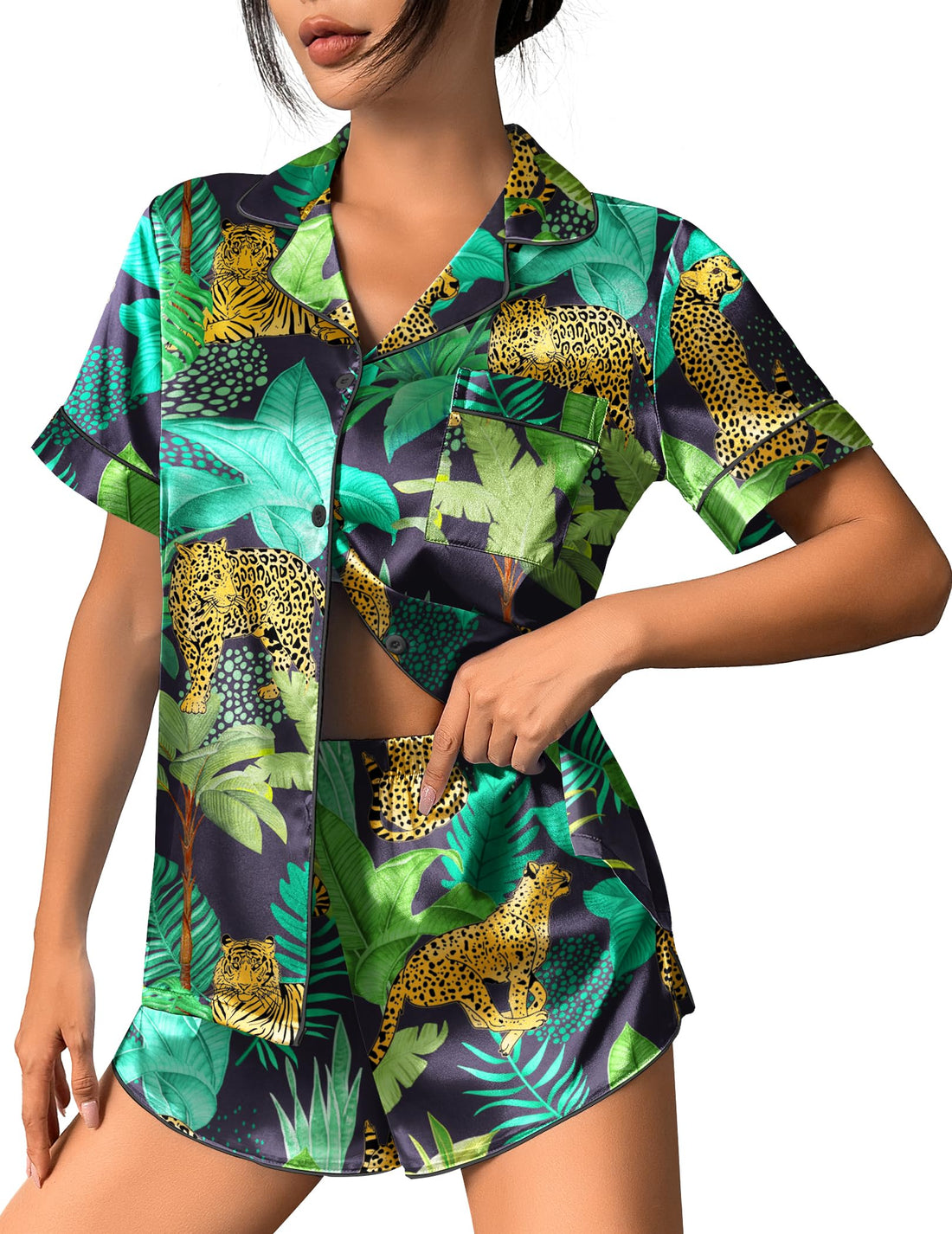 Ekouaer Womens Silk Satin Pajama Set Print Short Sleeve Sleepwear Button Down Pjs Shorts Set Loungewear