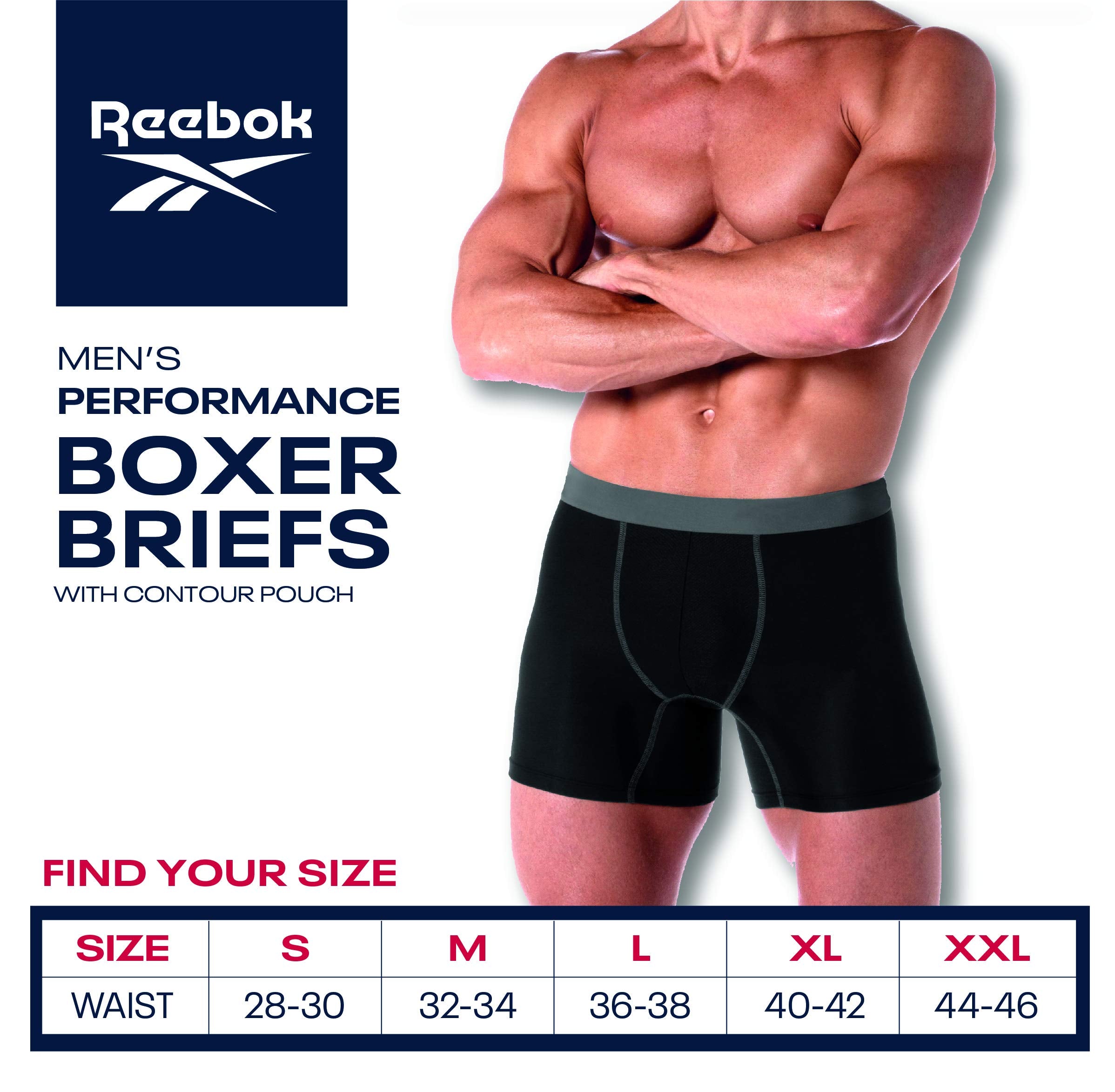 Reebok Mens Boxer Briefs - 4 Pack Underwear with Contour Pouch, 6'' Inseam | Athletic Stretch Performance Moisture-Wicking Fabric, No Fly Pouch, Tag-Free Waistband