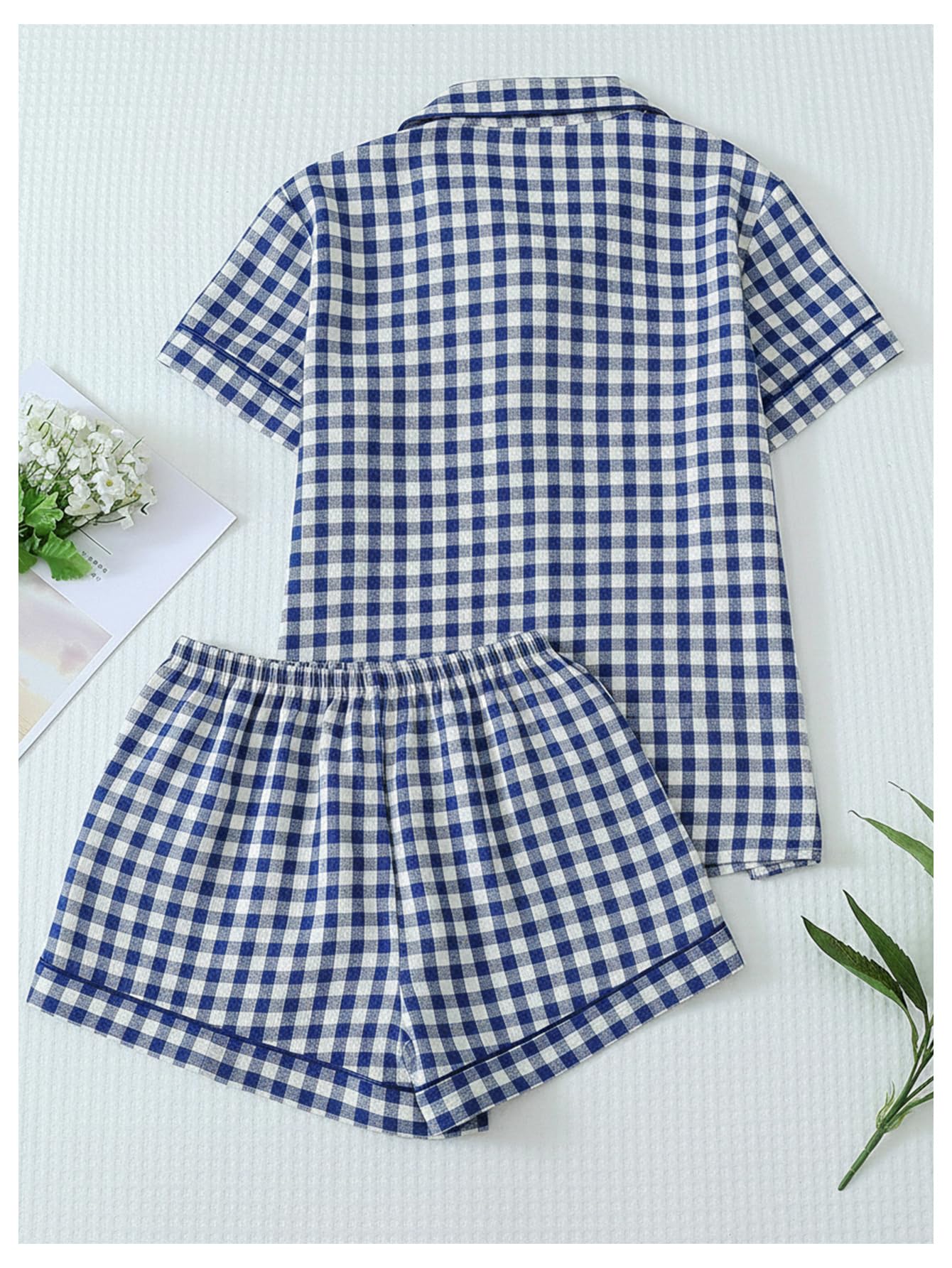 Verdusa Pajamas Sets 2 Piece Gingham Cute Button Down Shirts with Shorts