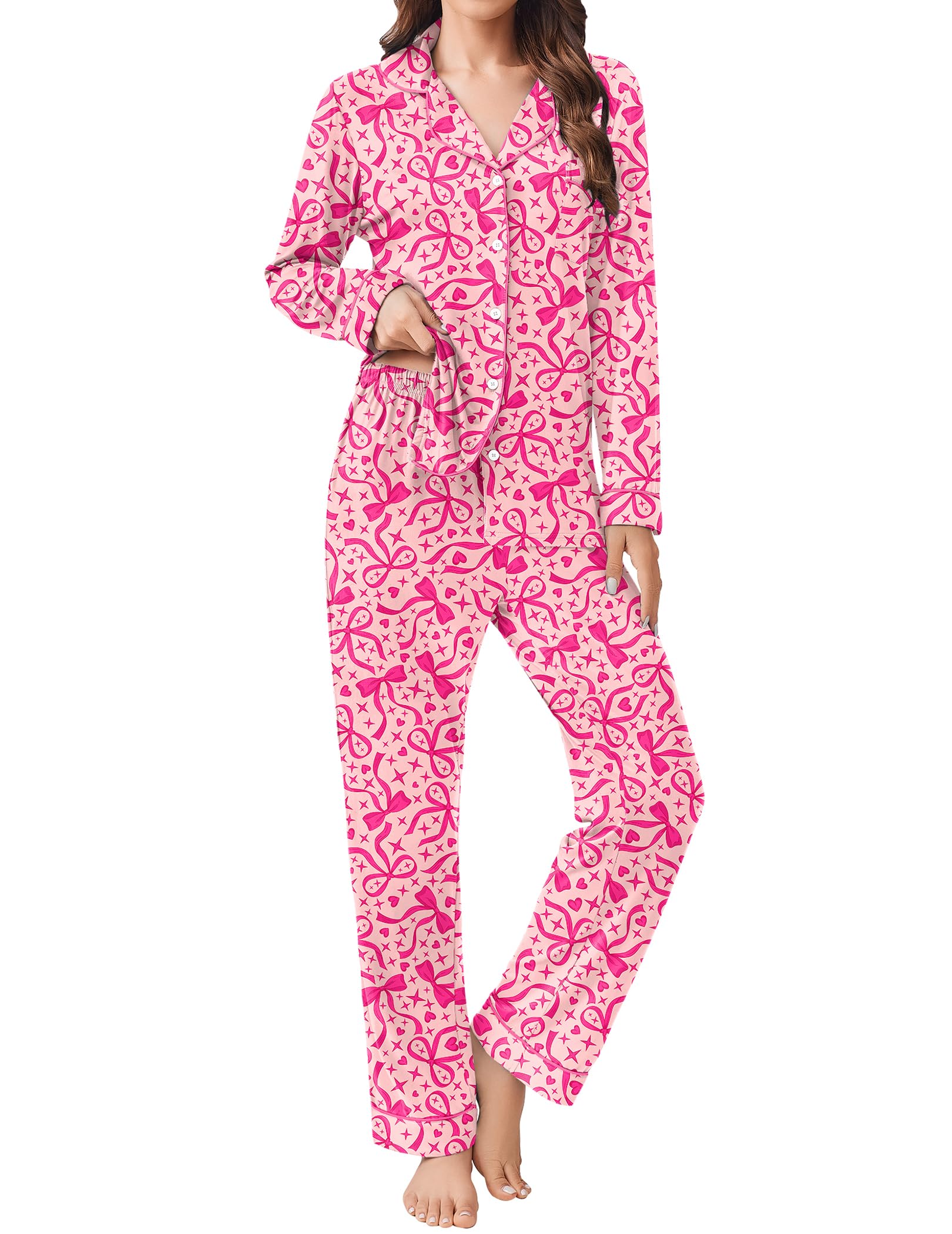 Ekouaer Womens Pajamas Set Button Down Long Sleeve Top & Pants Lounge Sets