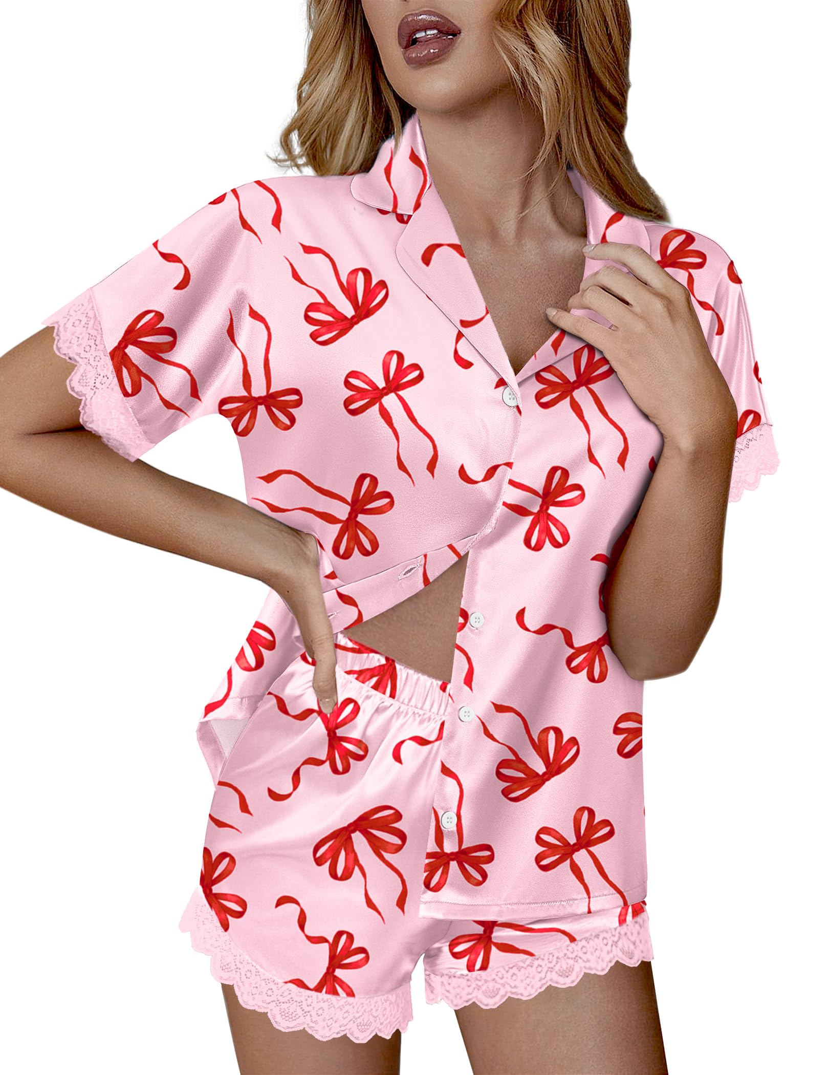Ekouaer Women Lace Satin Pajama Set Button Down Silk Pjs Shorts Set XS-XXL