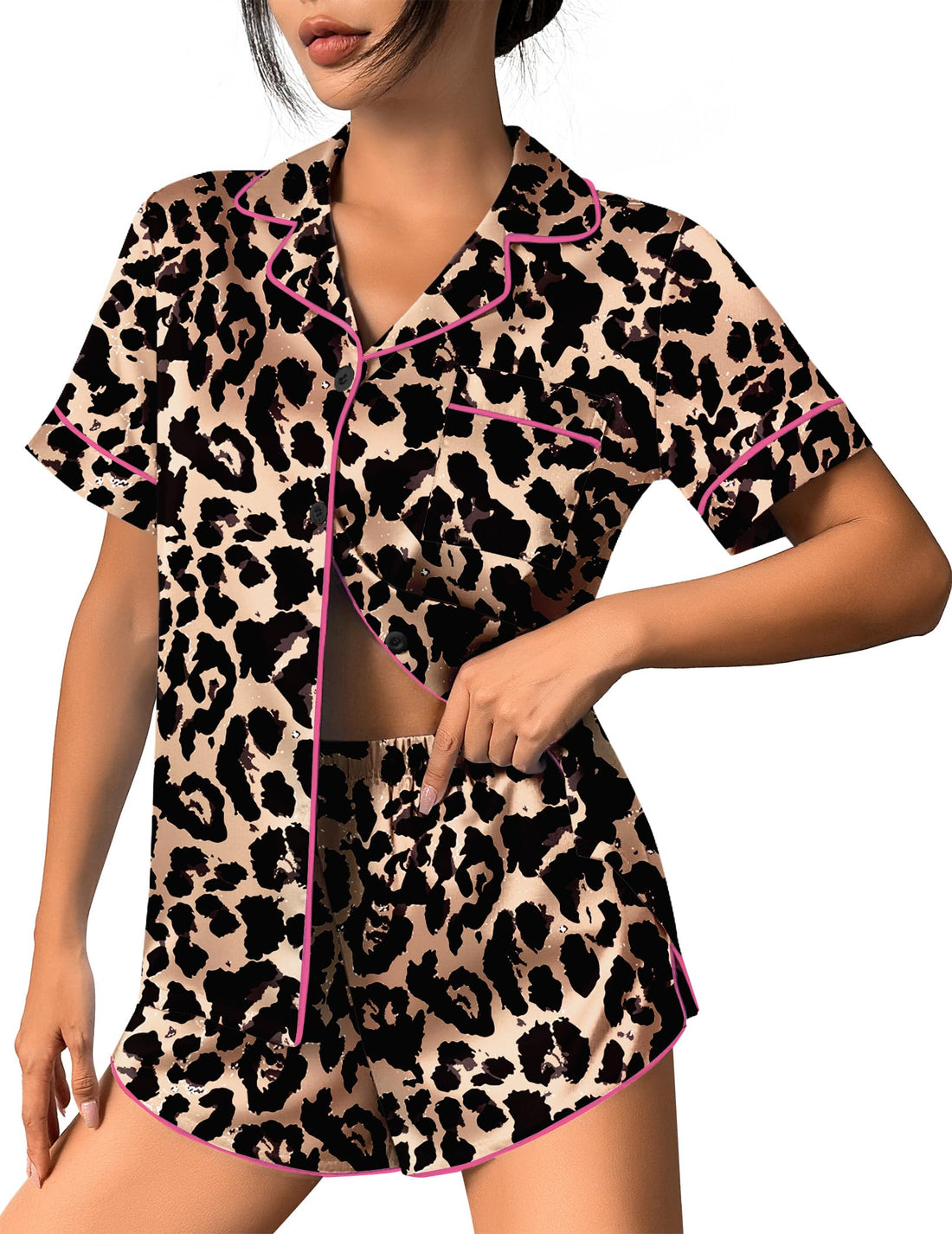 Ekouaer Womens Silk Satin Pajama Set Print Short Sleeve Sleepwear Button Down Pjs Shorts Set Loungewear