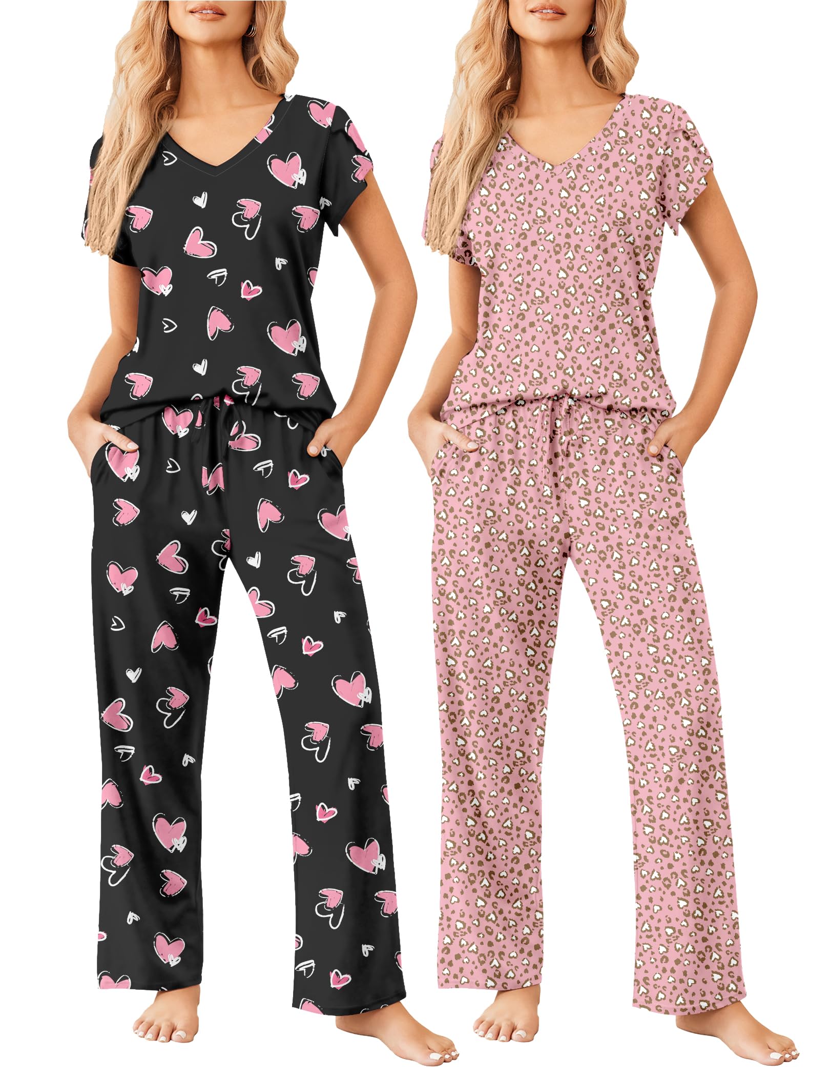 Ekouaer 2 Pack Womens Pajama Set Short Sleeve Sleepwear Soft Pjs Lounge Set