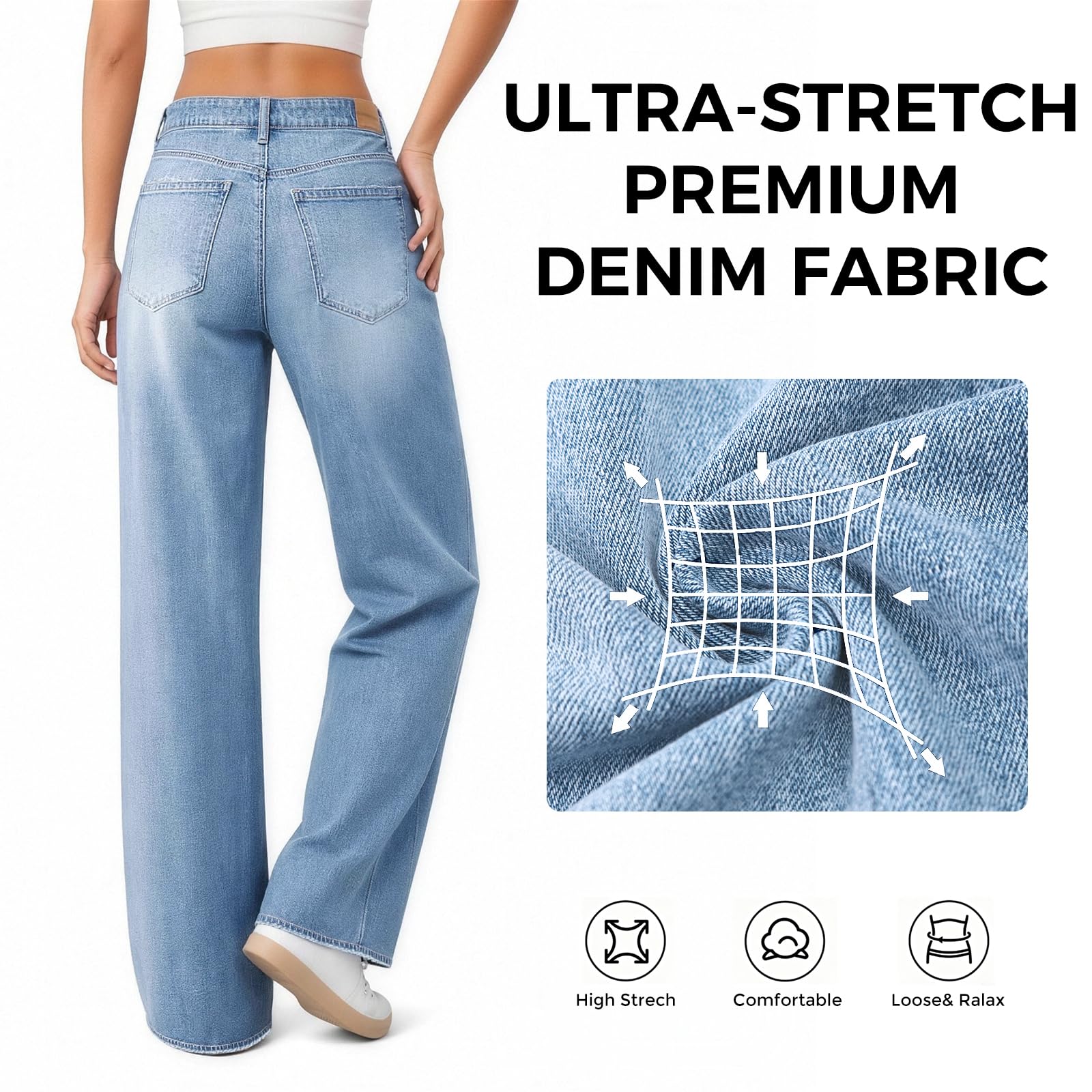 Women's Wide Leg Jeans High Waisted Baggy Straight Leg Loose Stretchy Casual Denim Pants