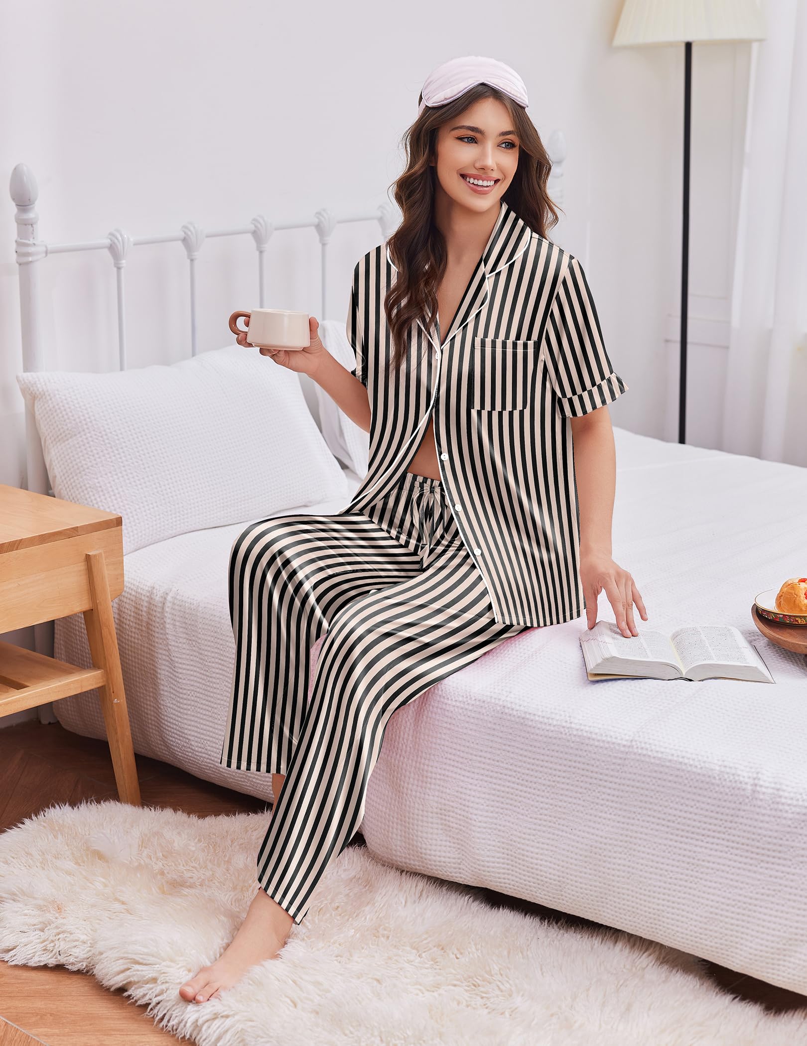 Ekouaer Silk Satin Pajamas for Women Set 2 Piece Short Sleeve Button Up Pjs