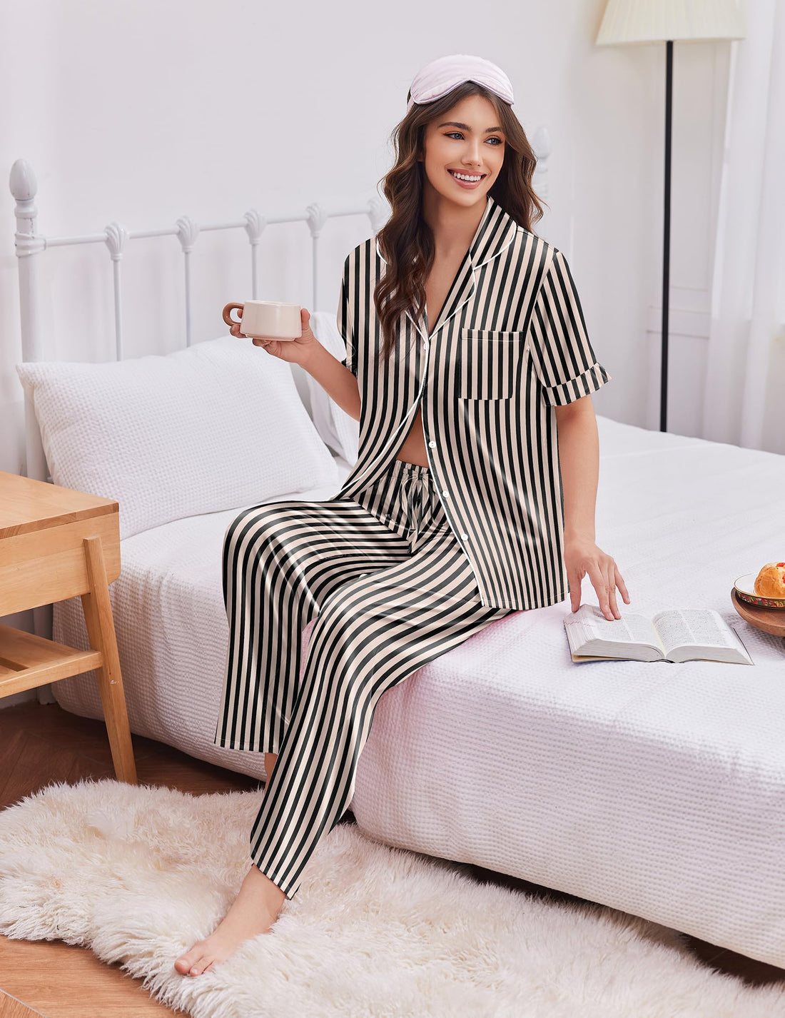 Ekouaer Silk Satin Pajamas for Women Set 2 Piece Short Sleeve Button Up Pjs