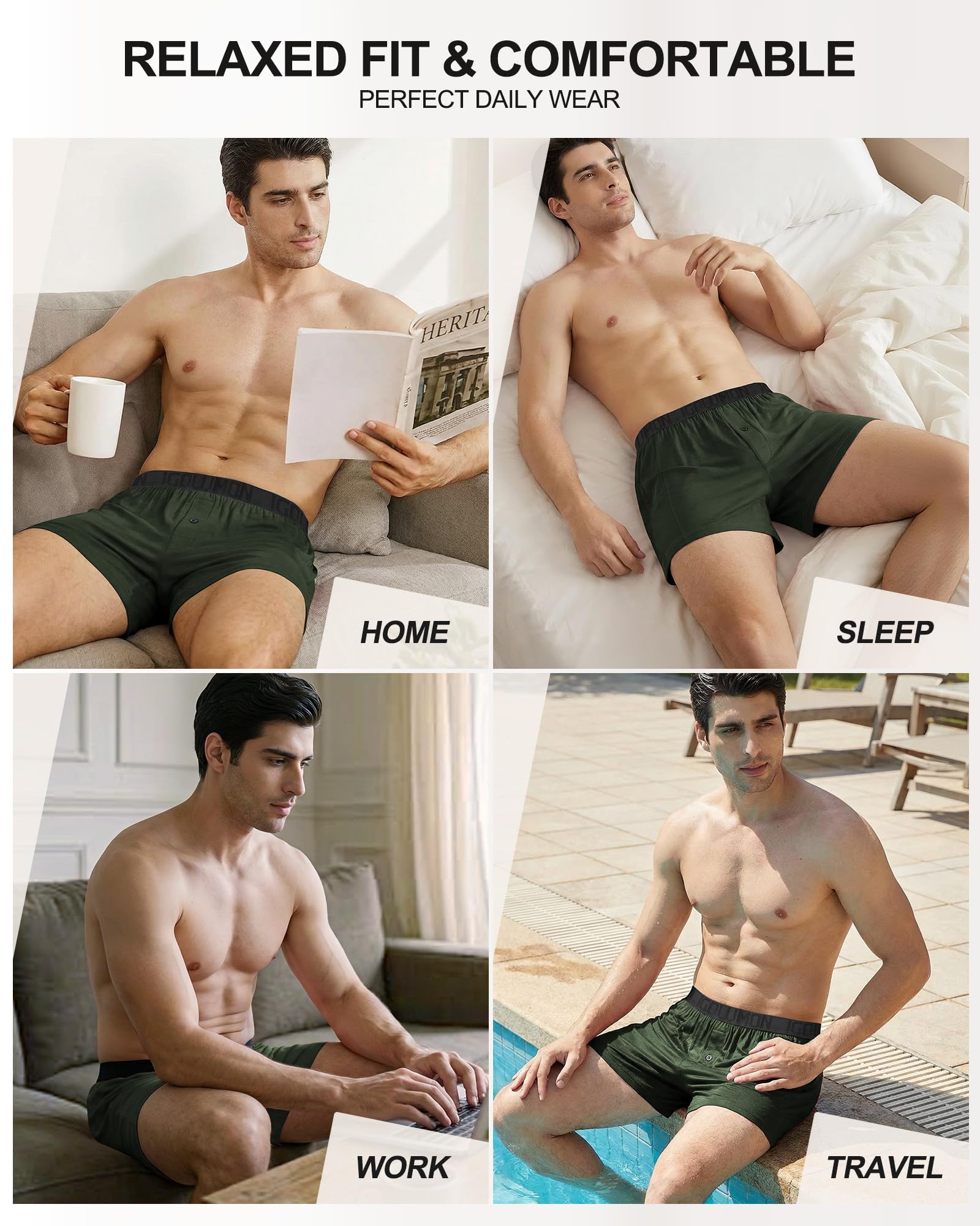 IGOLUMON Mens Boxer Shorts Underwear Soft Breathable Bamboo Rayon Boxers for Men Relaxed Fit Boxers with Button Fly 5 Pack