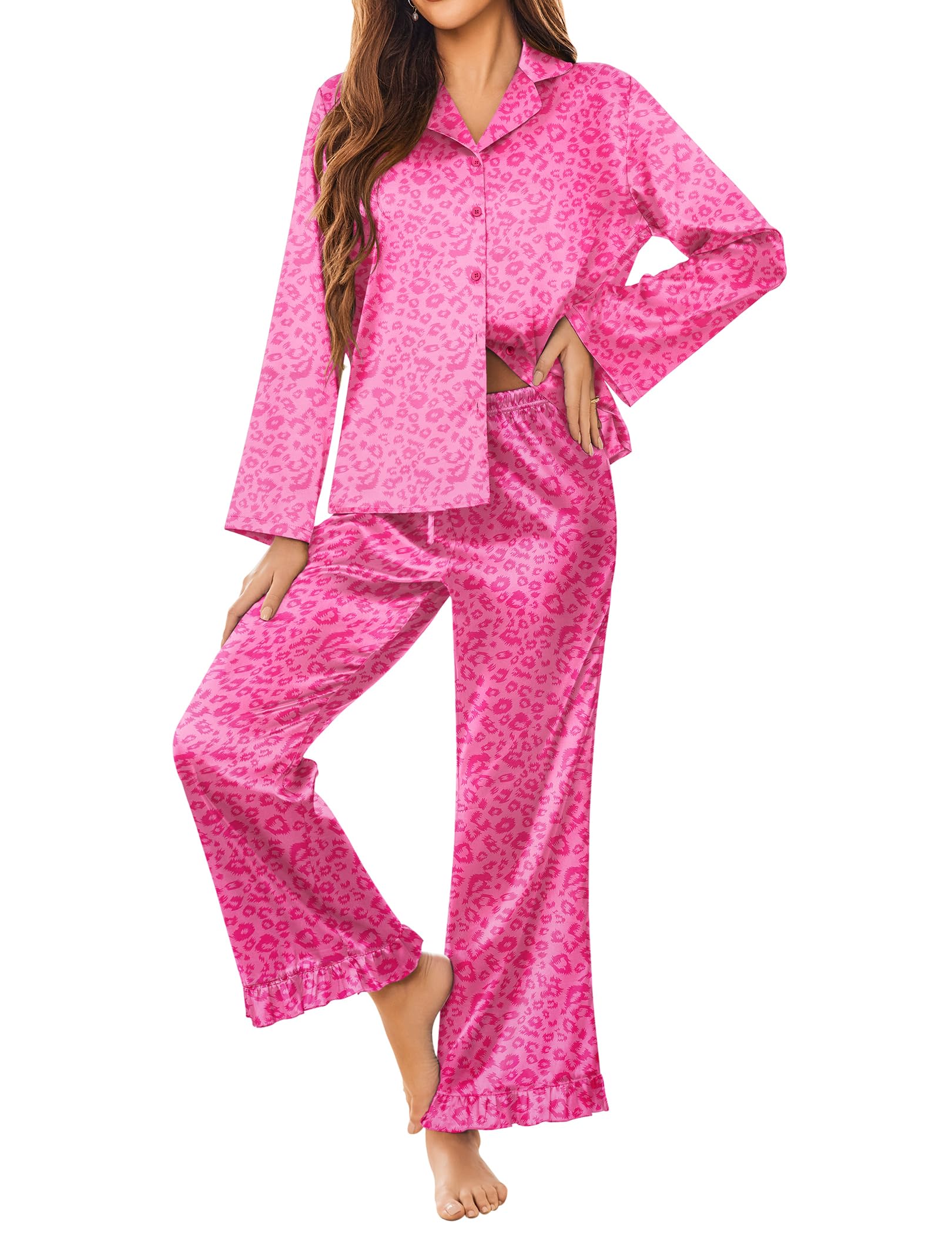 Ekouaer Satin Pajama Set for Women Long Button Down Silk Pj with Ruffle