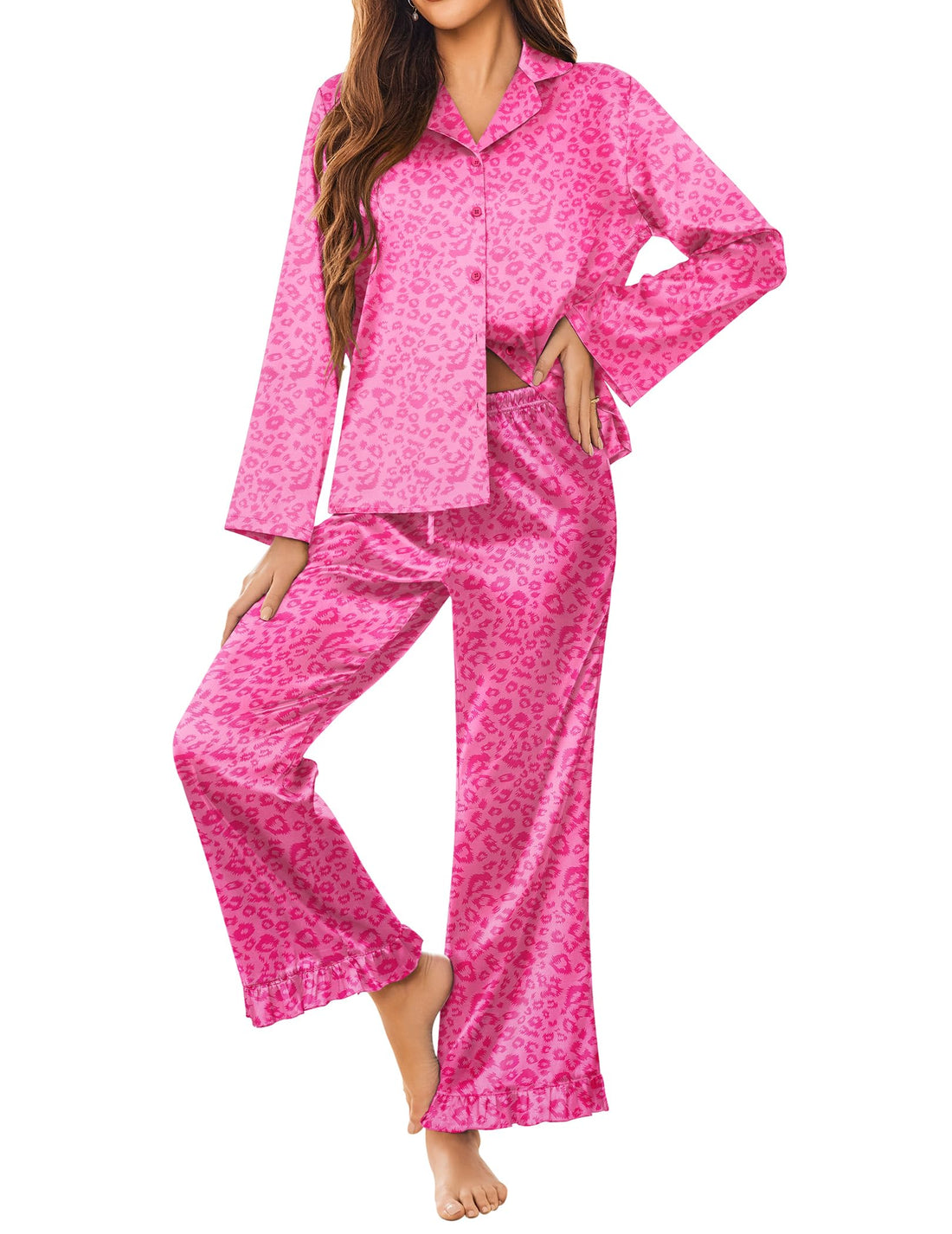 Ekouaer Satin Pajama Set for Women Long Button Down Silk Pj with Ruffle