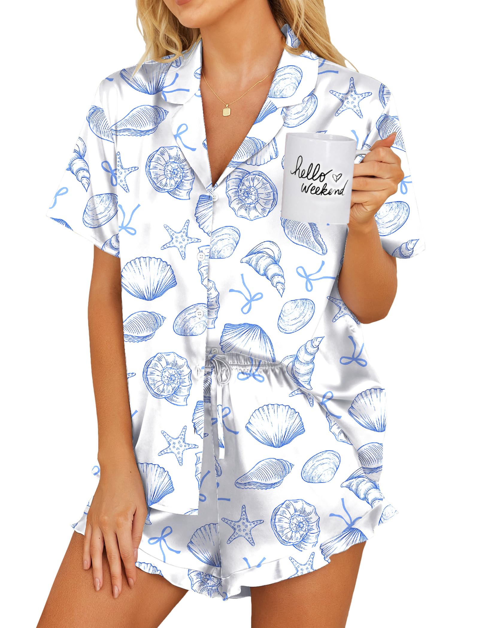 Ekouaer Womens Satin Pajamas Set Button Down 2 Piece Silk Pjs Shorts Set Ruffle Lingerie Notch Collar Sleepwear