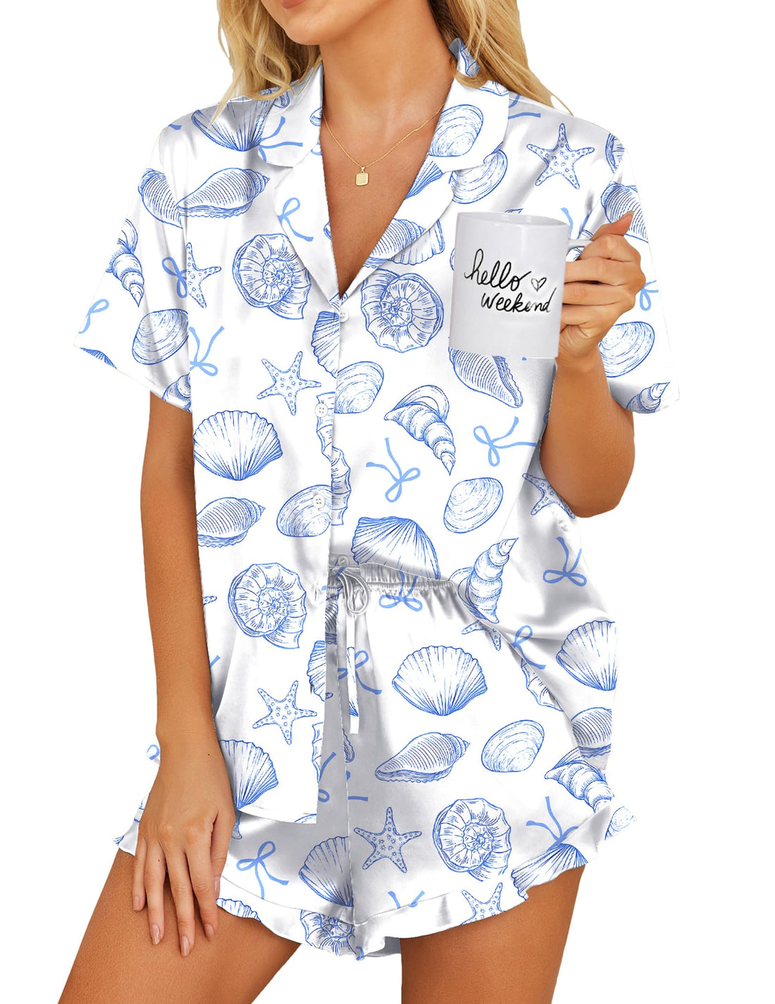 Ekouaer Womens Satin Pajamas Set Button Down 2 Piece Silk Pjs Shorts Set Ruffle Lingerie Notch Collar Sleepwear