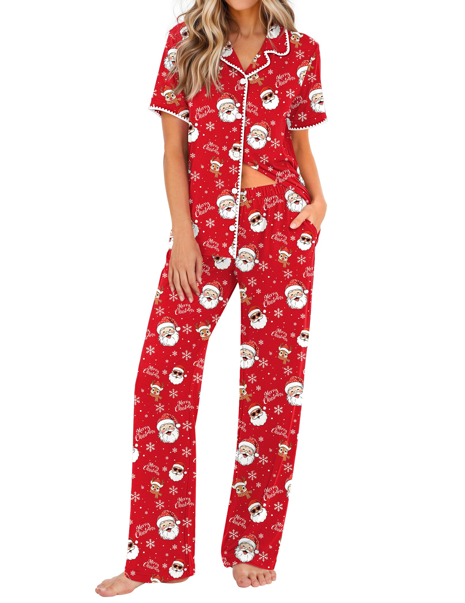 Ekouaer Womens Pajamas Set Button Down Loungewear Short Sleeve Pants Pjs
