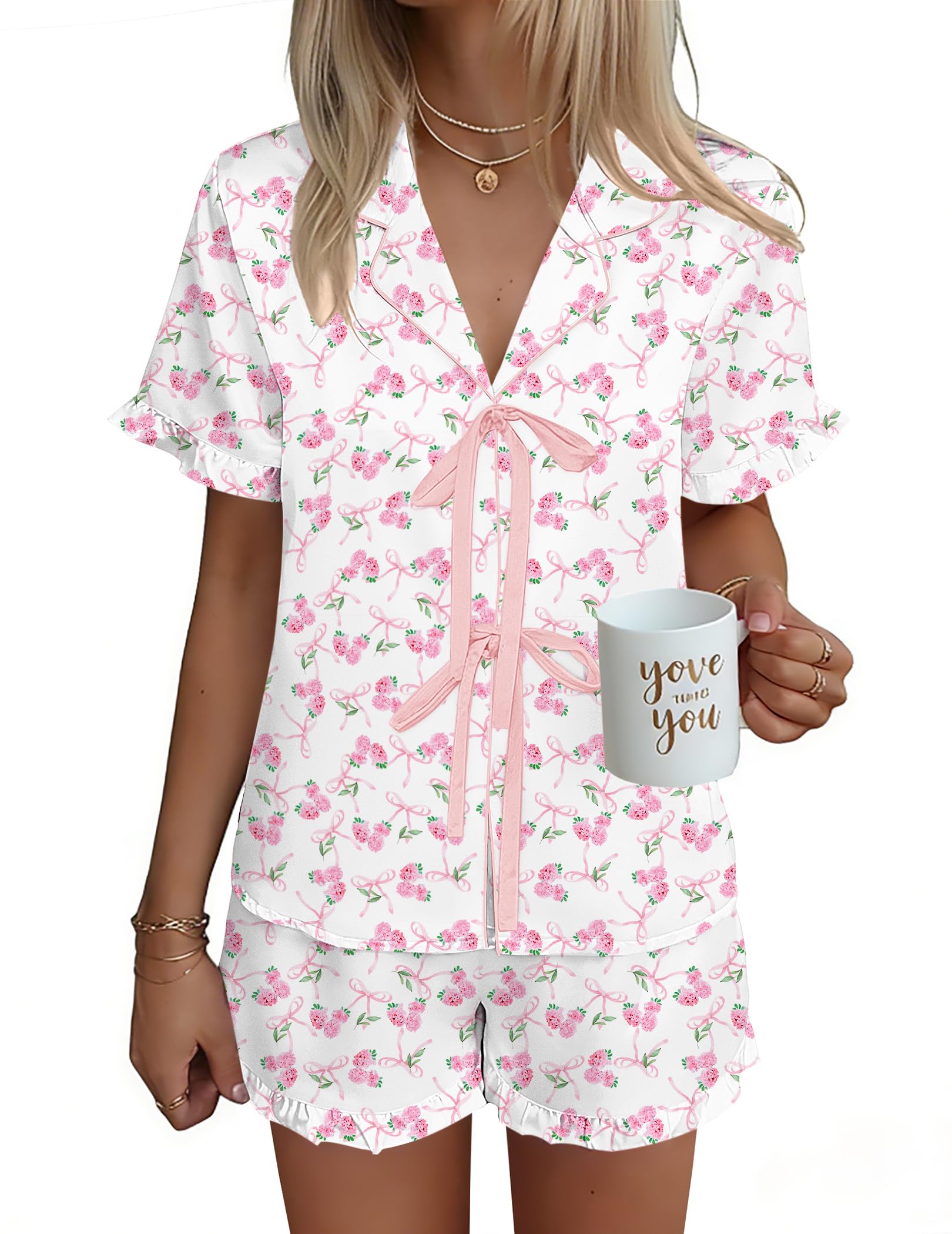 Ekouaer Satin Pajama for Women Short Sleeve Silky Pj Short Sets Lounge Set