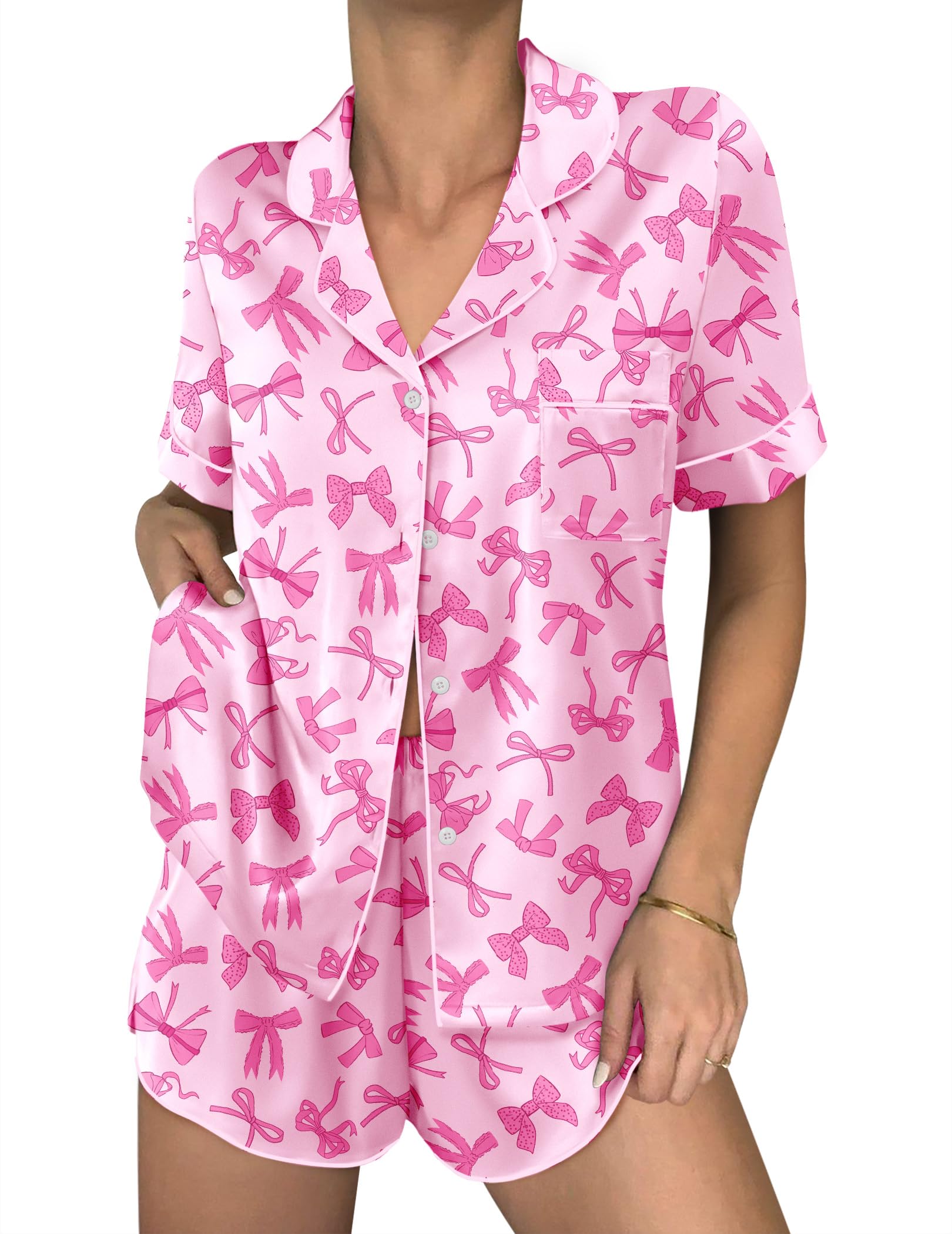 Ekouaer Women Satin Pajama Sets Cute Print Silk Pjs Shorts Sets S-4XL