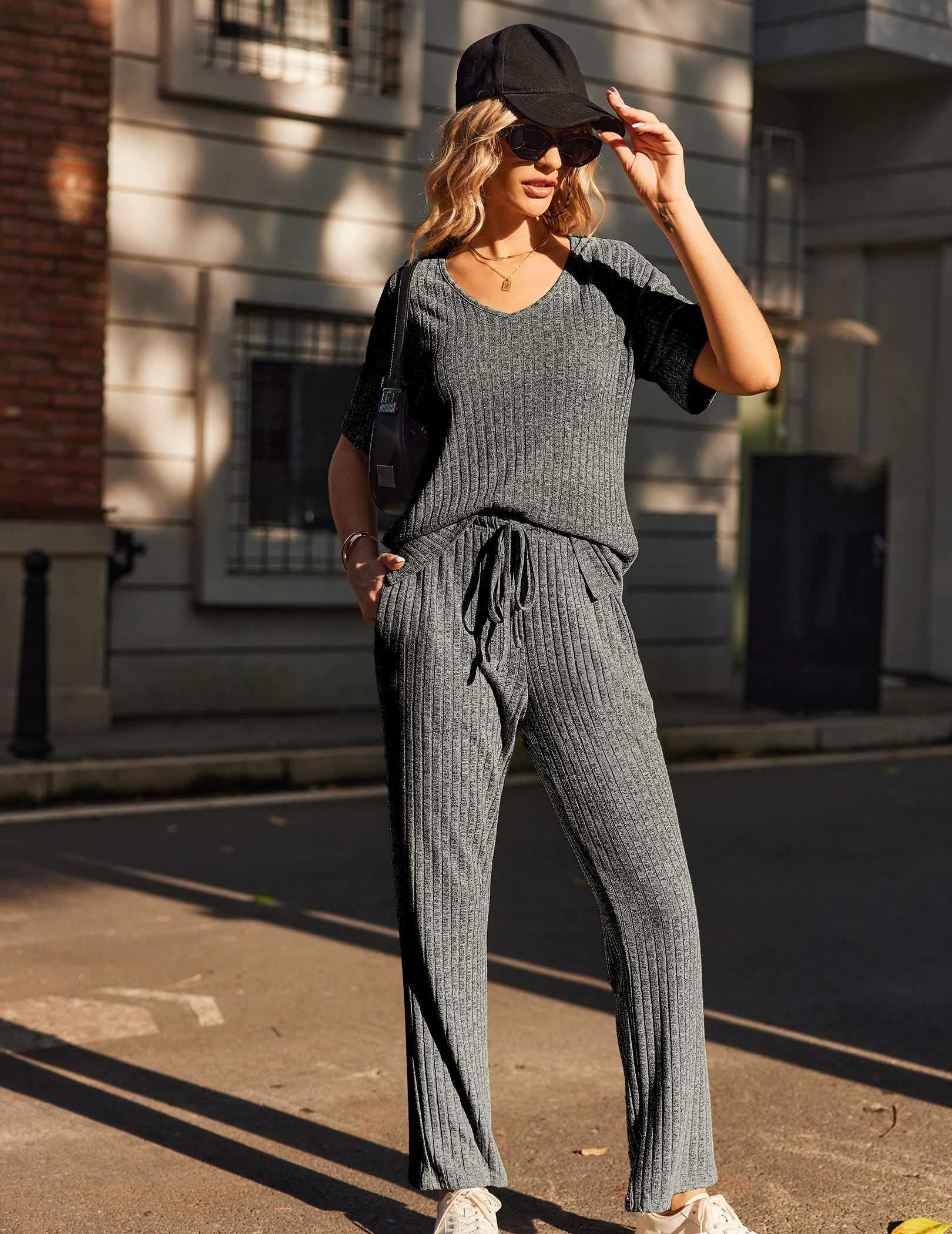 Ekouaer Womens Ribbed Knit Lounge Set Short Sleeve Top and Long Pants Sleepwear Pajama Set Two Piece Matching Outfits Set