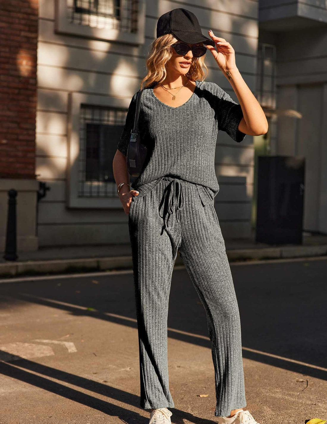 Ekouaer Womens Ribbed Knit Lounge Set Short Sleeve Top and Long Pants Sleepwear Pajama Set Two Piece Matching Outfits Set