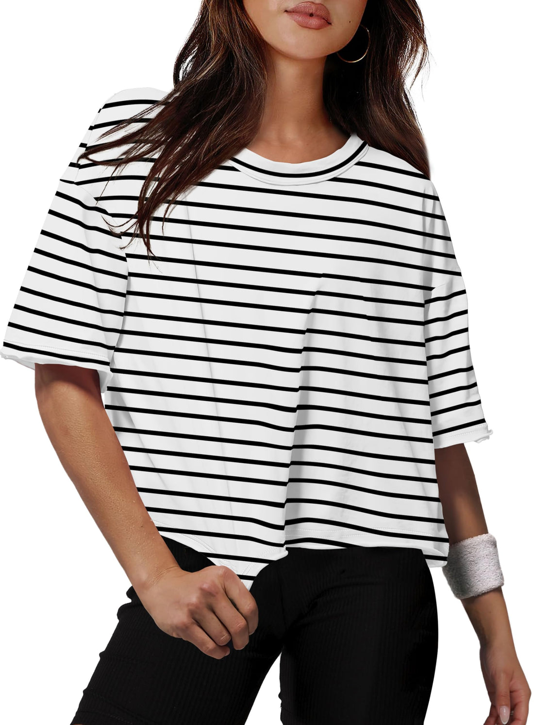XIEERDUO Cotton Tshirts for Women Drop Shoulder Round Neck Oversized Crop Tops Workout Tops Tees