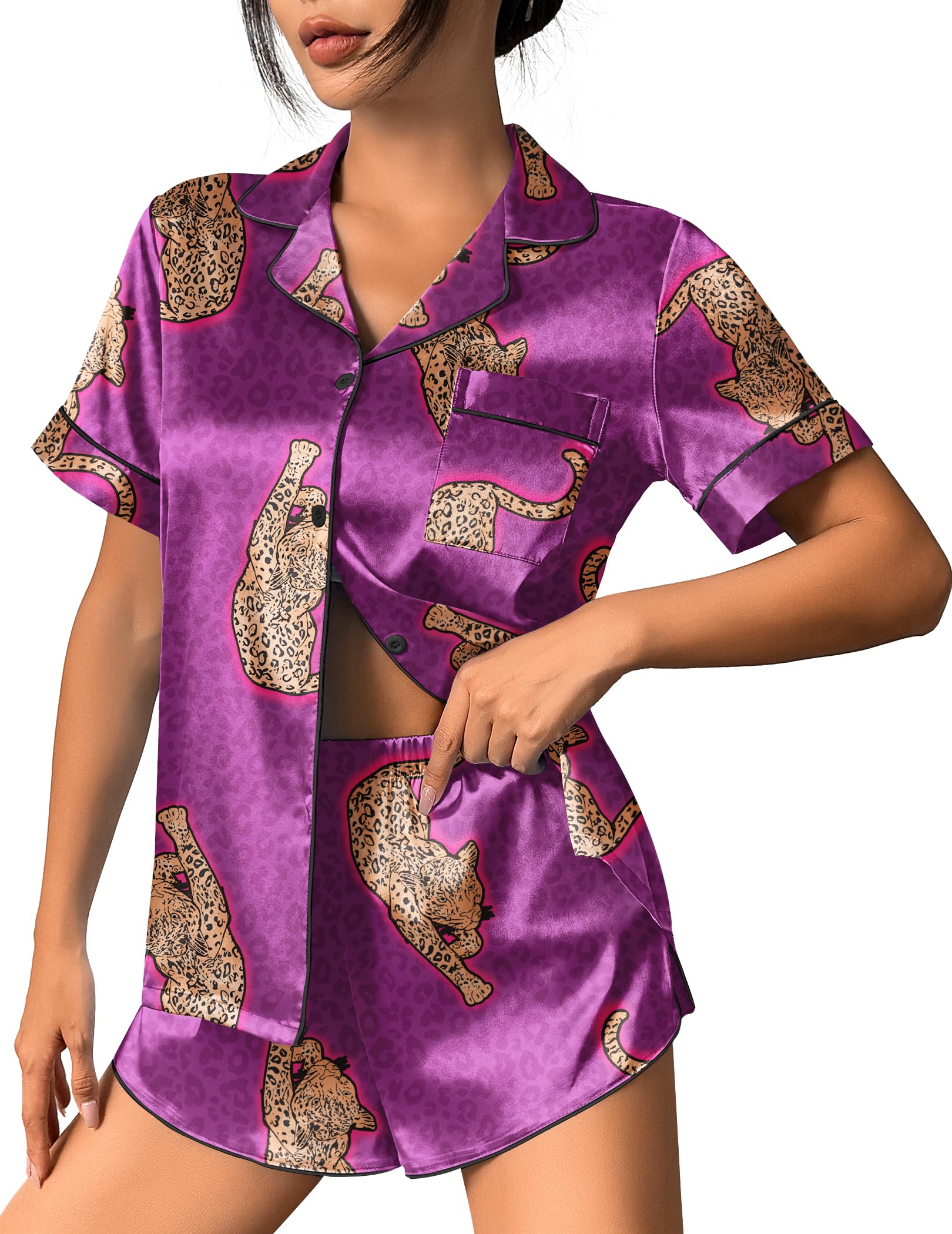 Ekouaer Womens Silk Satin Pajama Set Print Short Sleeve Sleepwear Button Down Pjs Shorts Set Loungewear