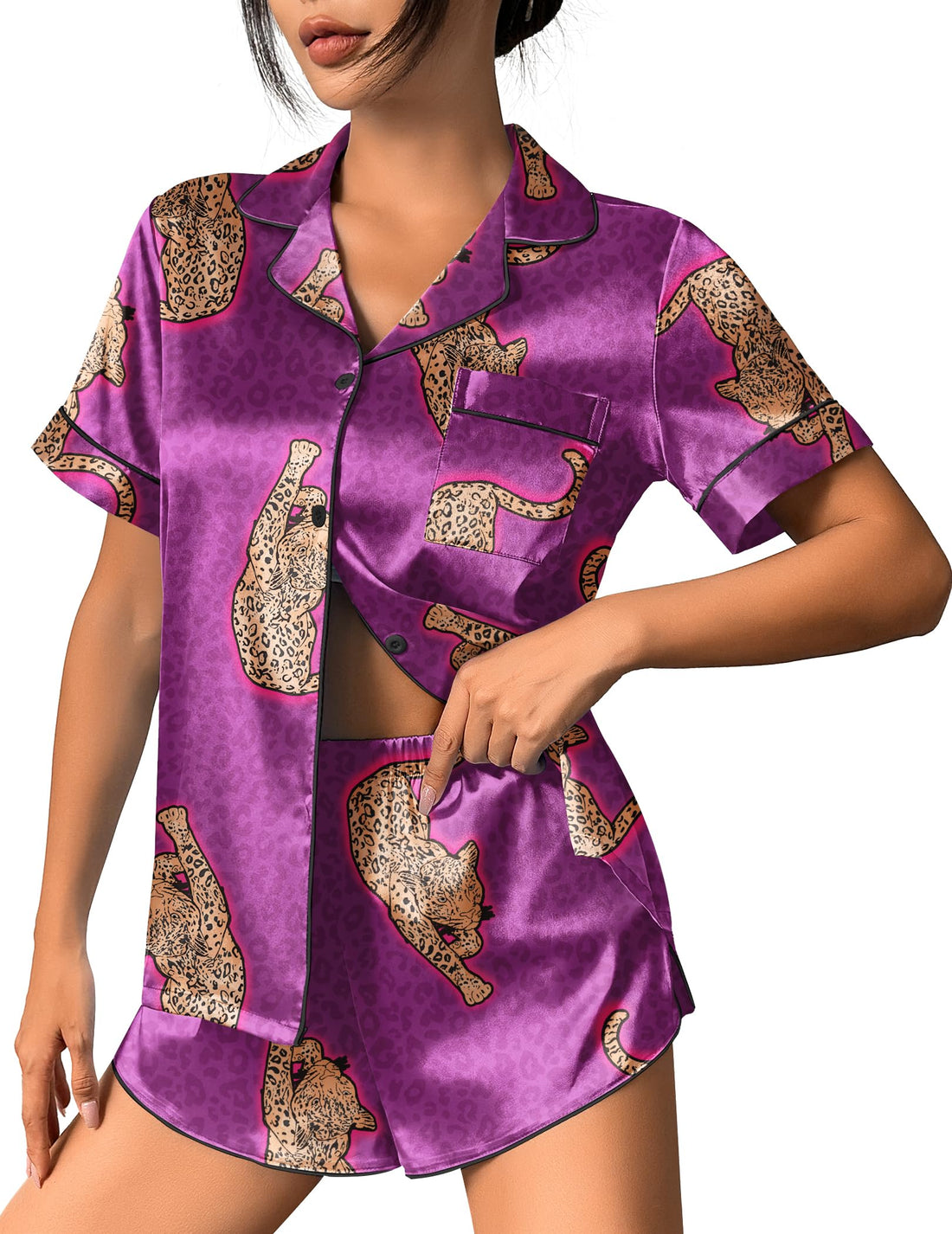 Ekouaer Womens Silk Satin Pajama Set Print Short Sleeve Sleepwear Button Down Pjs Shorts Set Loungewear