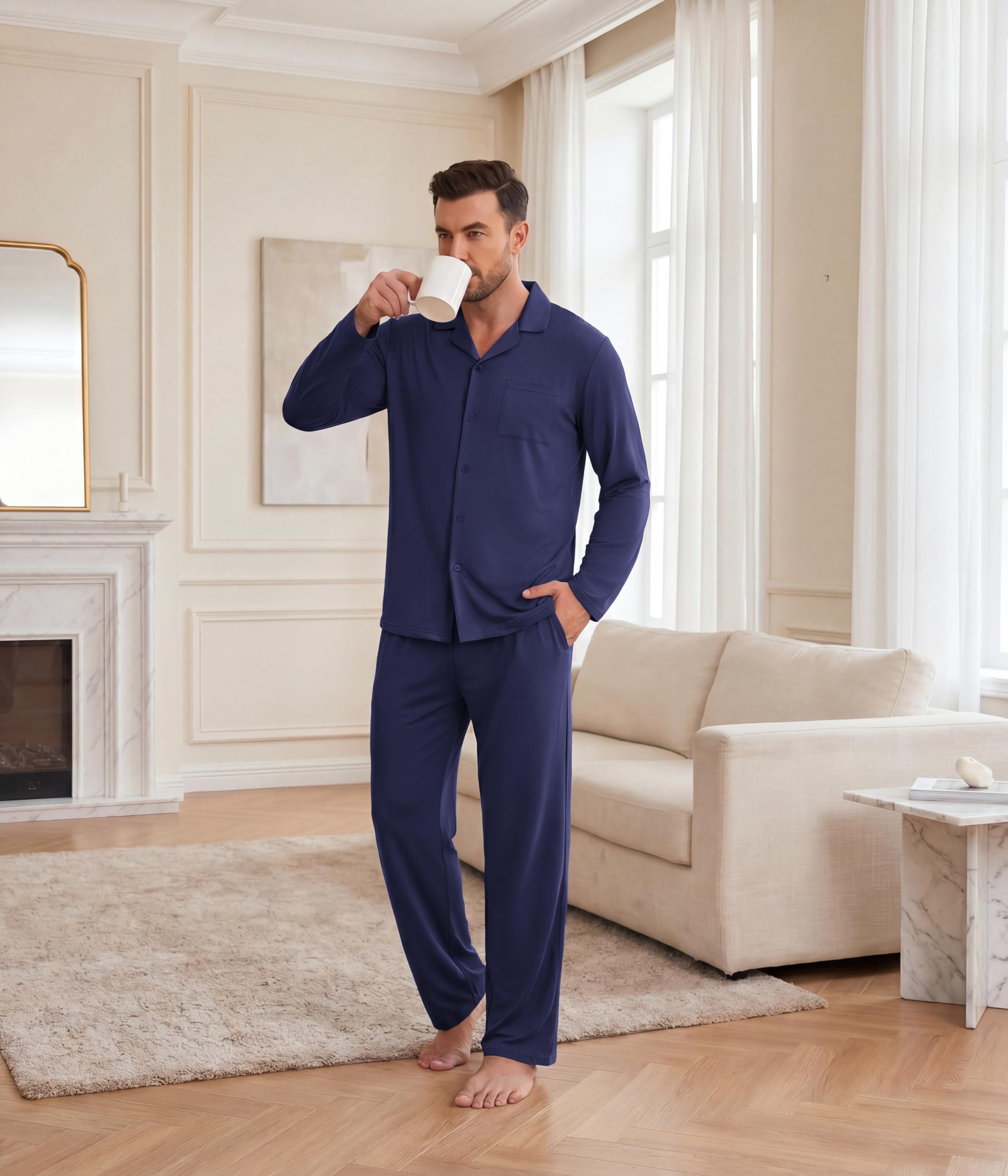Ekouaer Mens Pajamas Set Long Sleeve Button Down Pjs Long Pants with Pocket