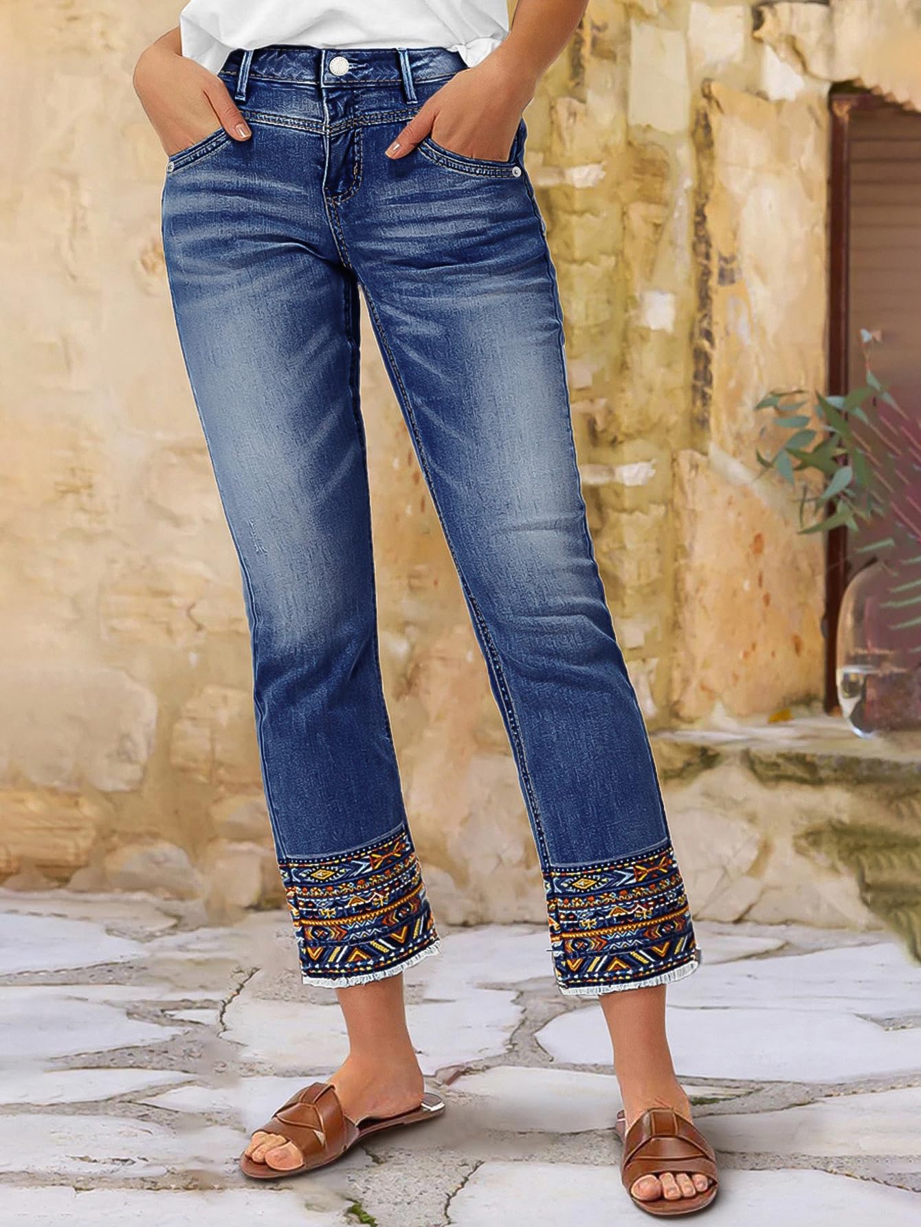 Flamingals Straight Leg Cropped Jeans for Women Trendy Mid Rise Stretchy Tribal Embroidery Raw Hem Ankle Jeans