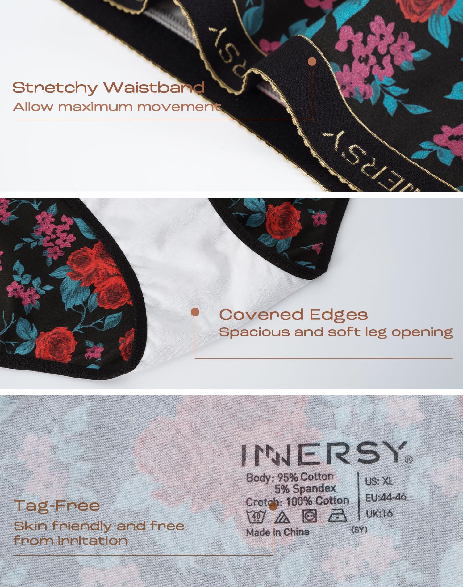 INNERSY Plus Size XL-6XL Big Curvy Woman Cotton Underwear High Waist Briefs 5-Pack
