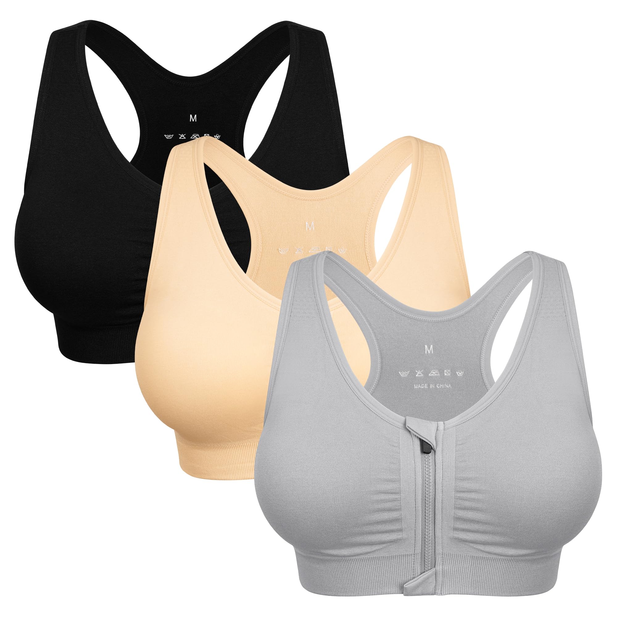 Women's Zip Front Sports Bra Wireless Post-Surgery Bra Workout Sports Bras | Zipper Front Closure, Surgical Mastectomy Bra, Post Op, Compression, Comfort, Medium Support, Active, Yoga, Removable Pads