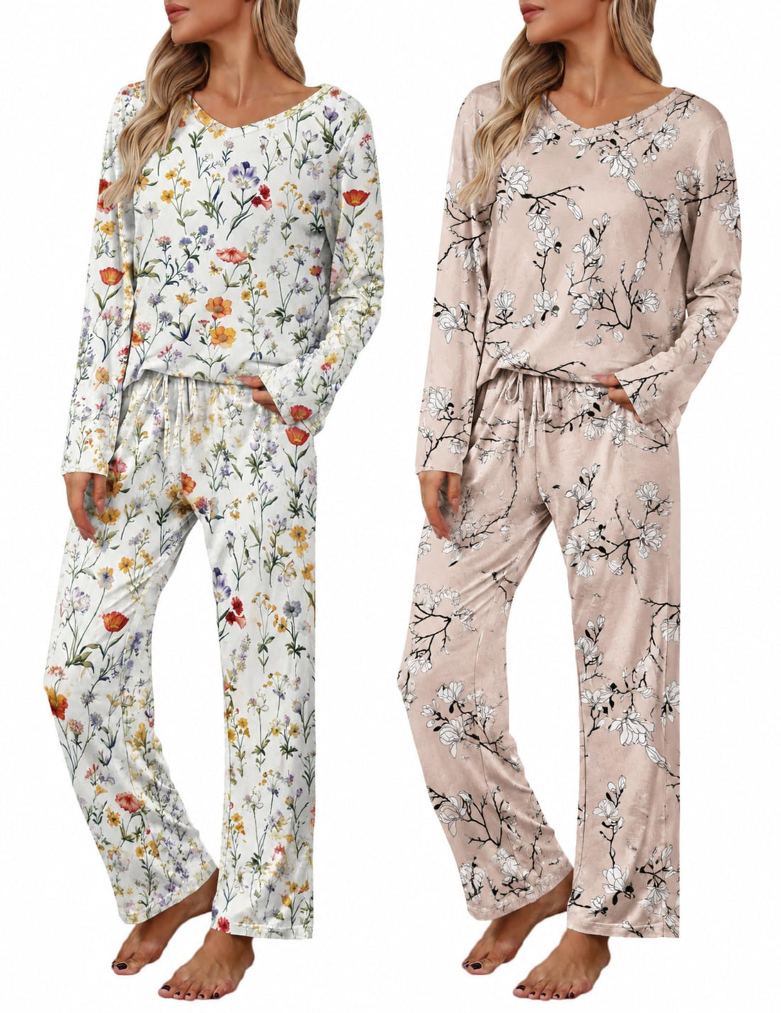 2 Pack: Women's Long Sleeve Pajama Sets - V Neck Top and Pants Lounge sets