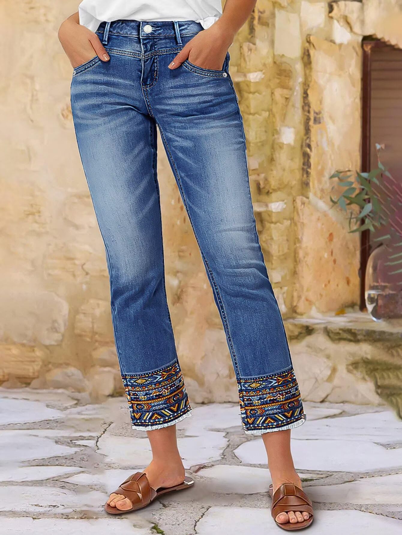 Flamingals Straight Leg Cropped Jeans for Women Trendy Mid Rise Stretchy Tribal Embroidery Raw Hem Ankle Jeans