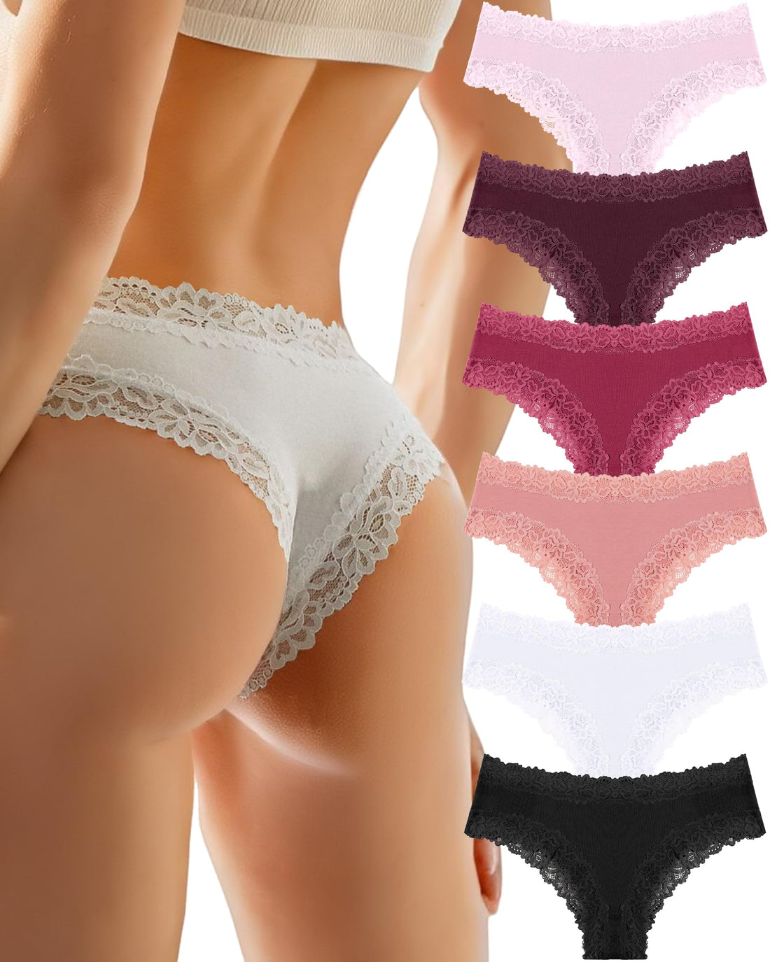 FINETOO Cotton Underwear Womens Sexy Lace Cheeky Low Rise Panties 6 Pack