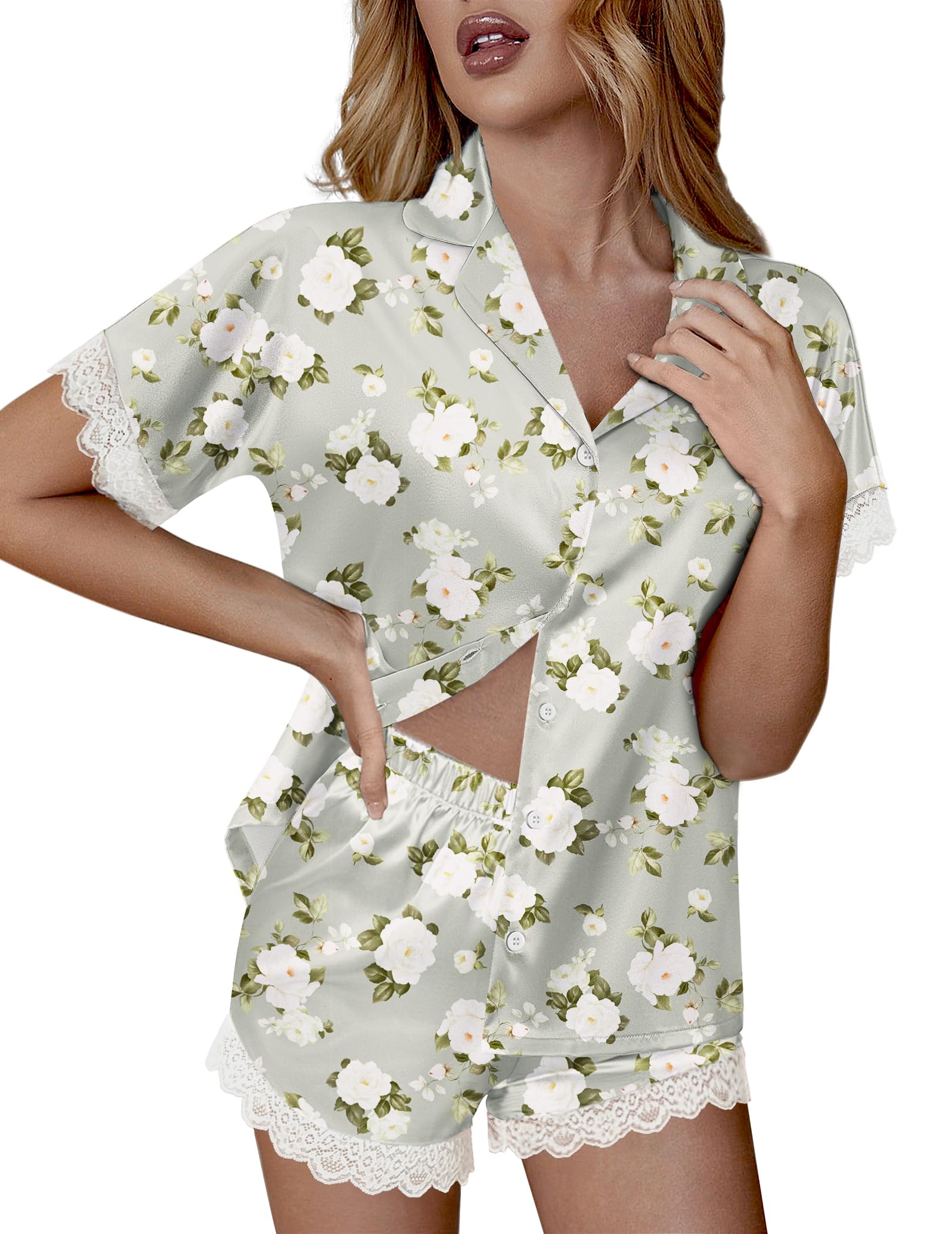 Ekouaer Women Lace Satin Pajama Set Button Down Silk Pjs Shorts Set XS-XXL