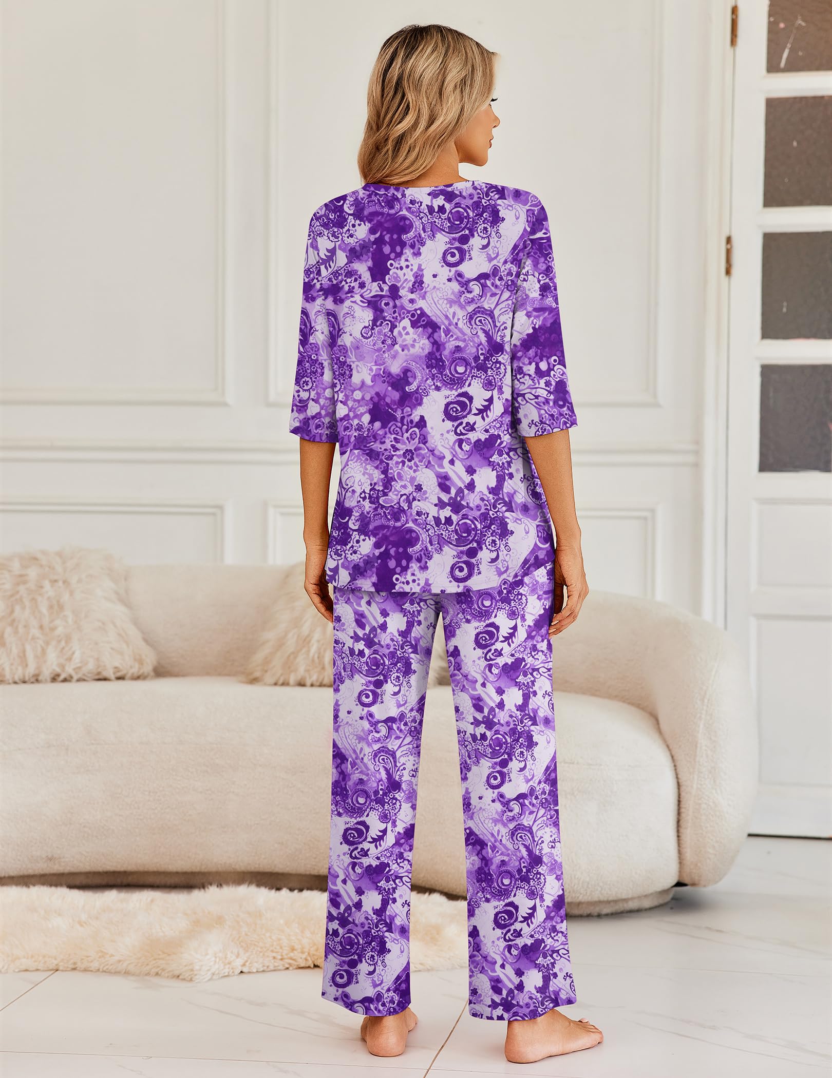 Ekouaer Womens Pajamas Set 2 Piece 3/4 Sleeve Tops Long Pants Pj Set