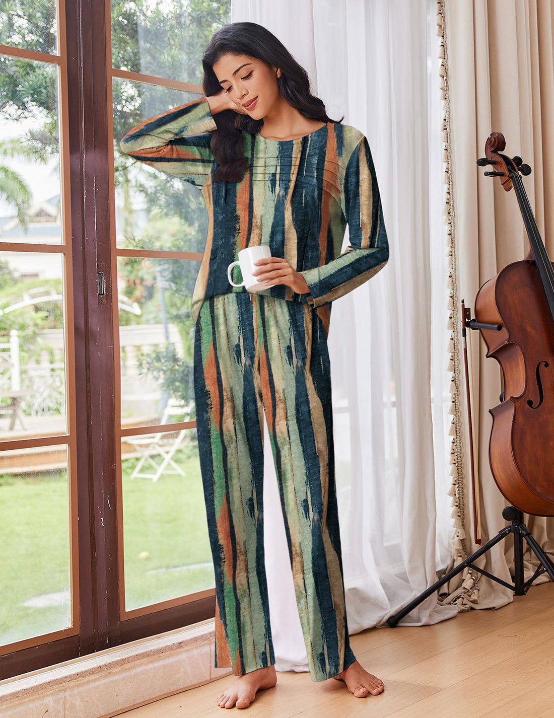 Ekouaer Womens Pajama Sets Pleated Tops with Long Sleeve Fall Lounge Set
