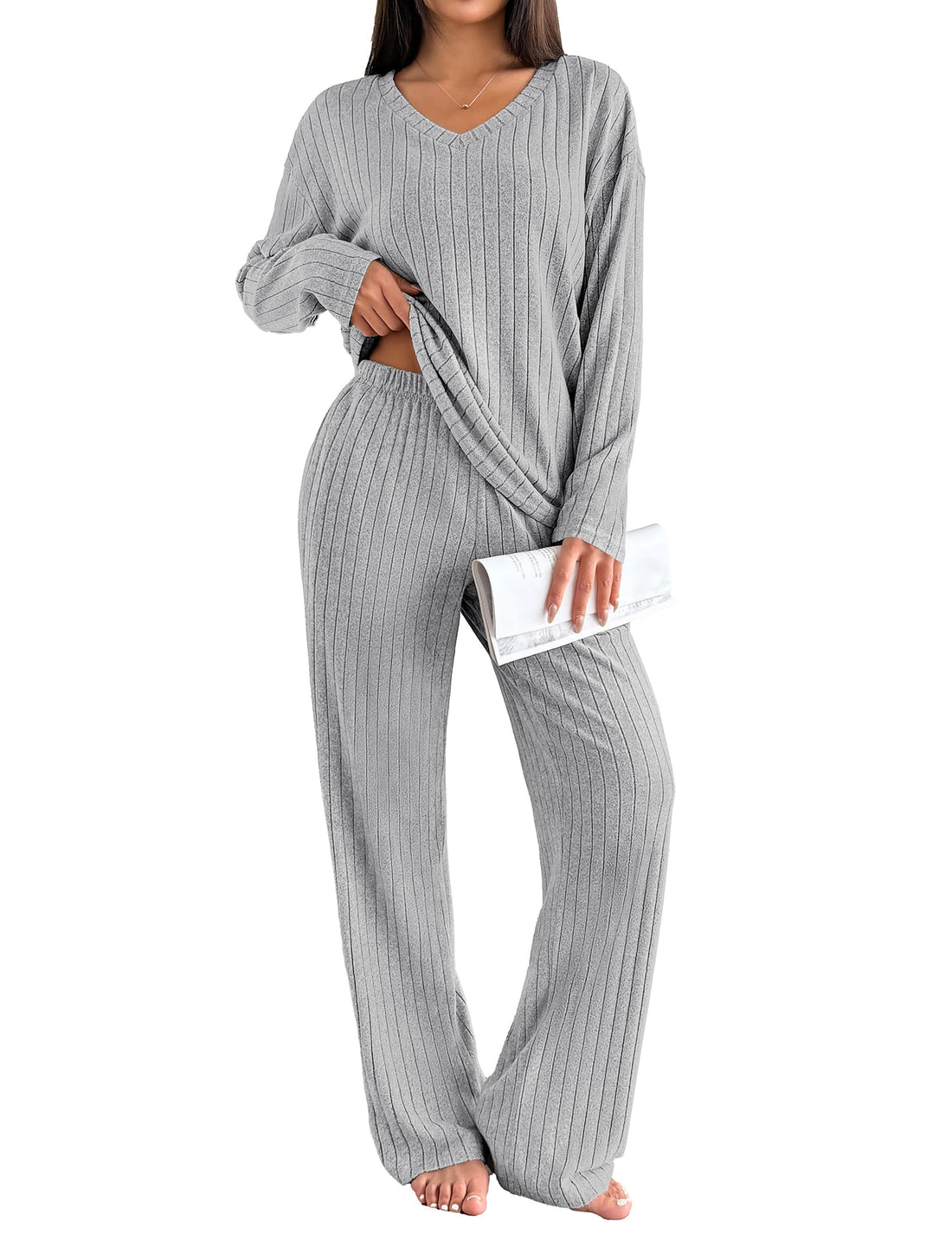 Ekouaer Lounge Sets for Women Long Sleeve Knit Ribbed Pajama Sets 2 Piece Casual Loungewear with Pockets