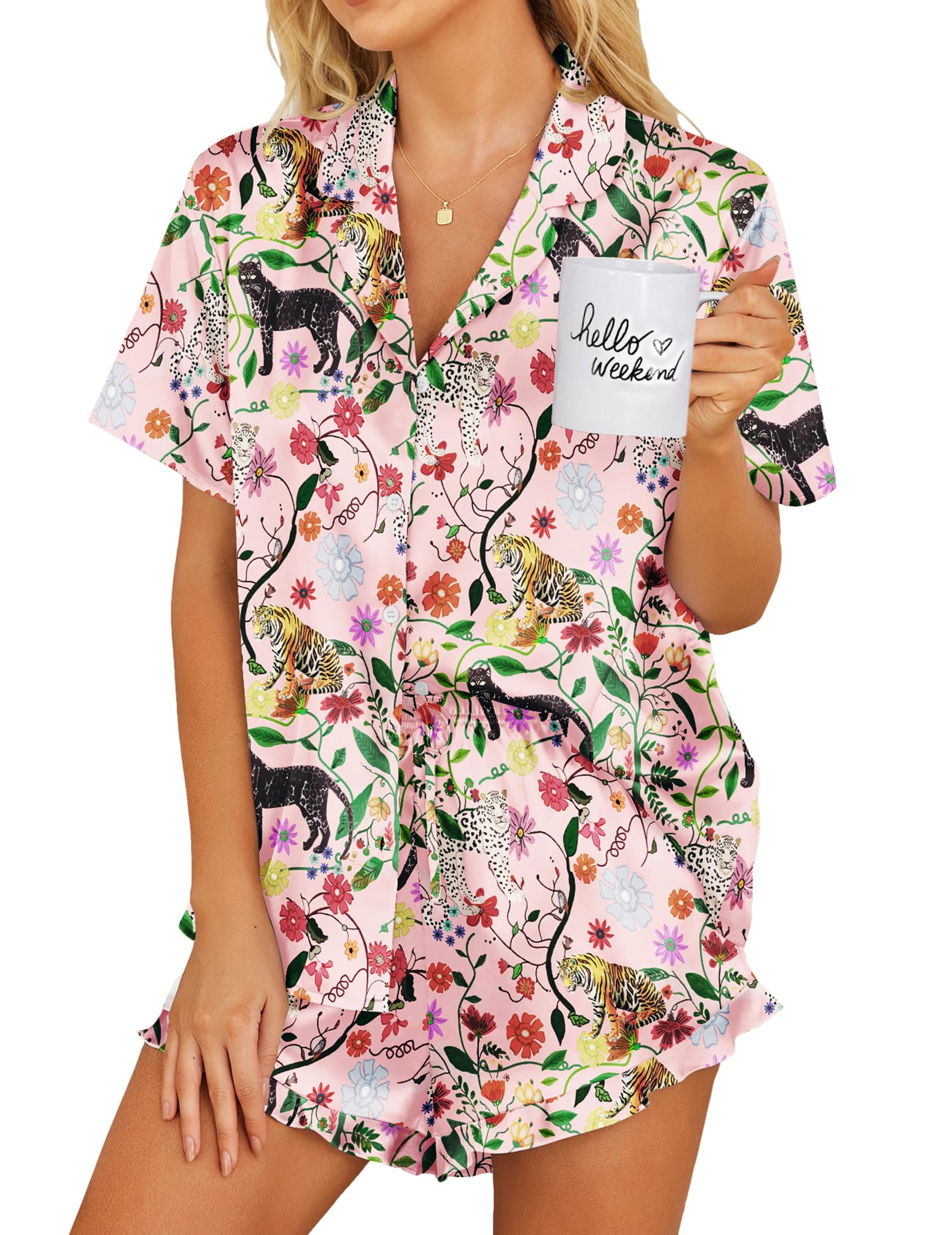 Ekouaer Womens Satin Pajamas Set Button Down 2 Piece Silk Pjs Shorts Set Ruffle Lingerie Notch Collar Sleepwear