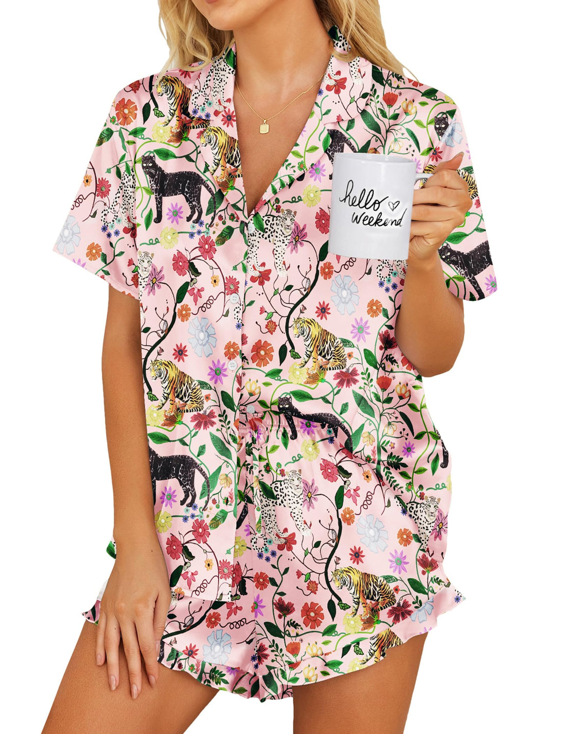 Ekouaer Womens Satin Pajamas Set Button Down 2 Piece Silk Pjs Shorts Set Ruffle Lingerie Notch Collar Sleepwear