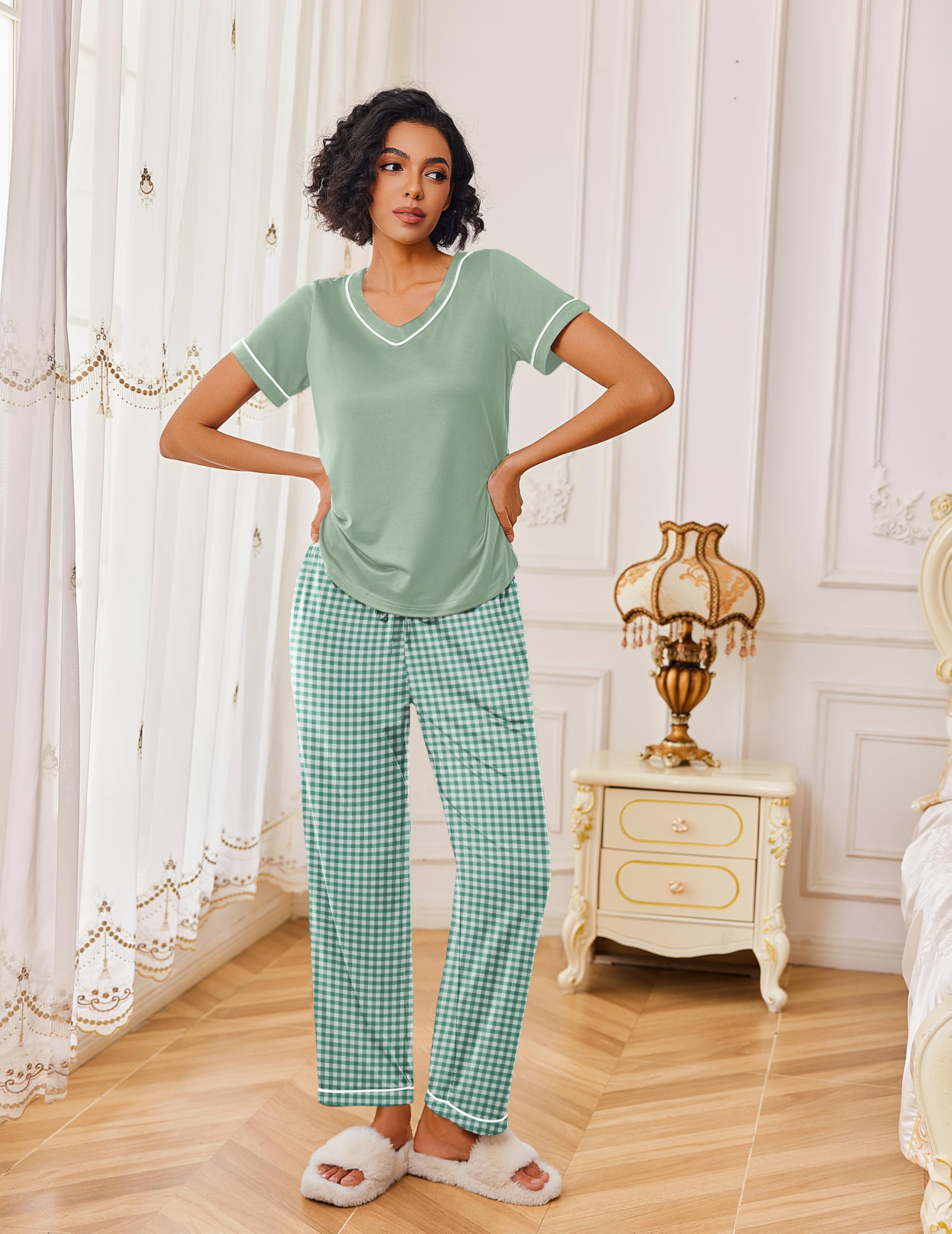Ekouaer Pajamas for Women Set 2 Piece Lounge Set Soft Pajama Sets Short Sleeve and Pants Pj Sets Loose Sleepwear with Pockets