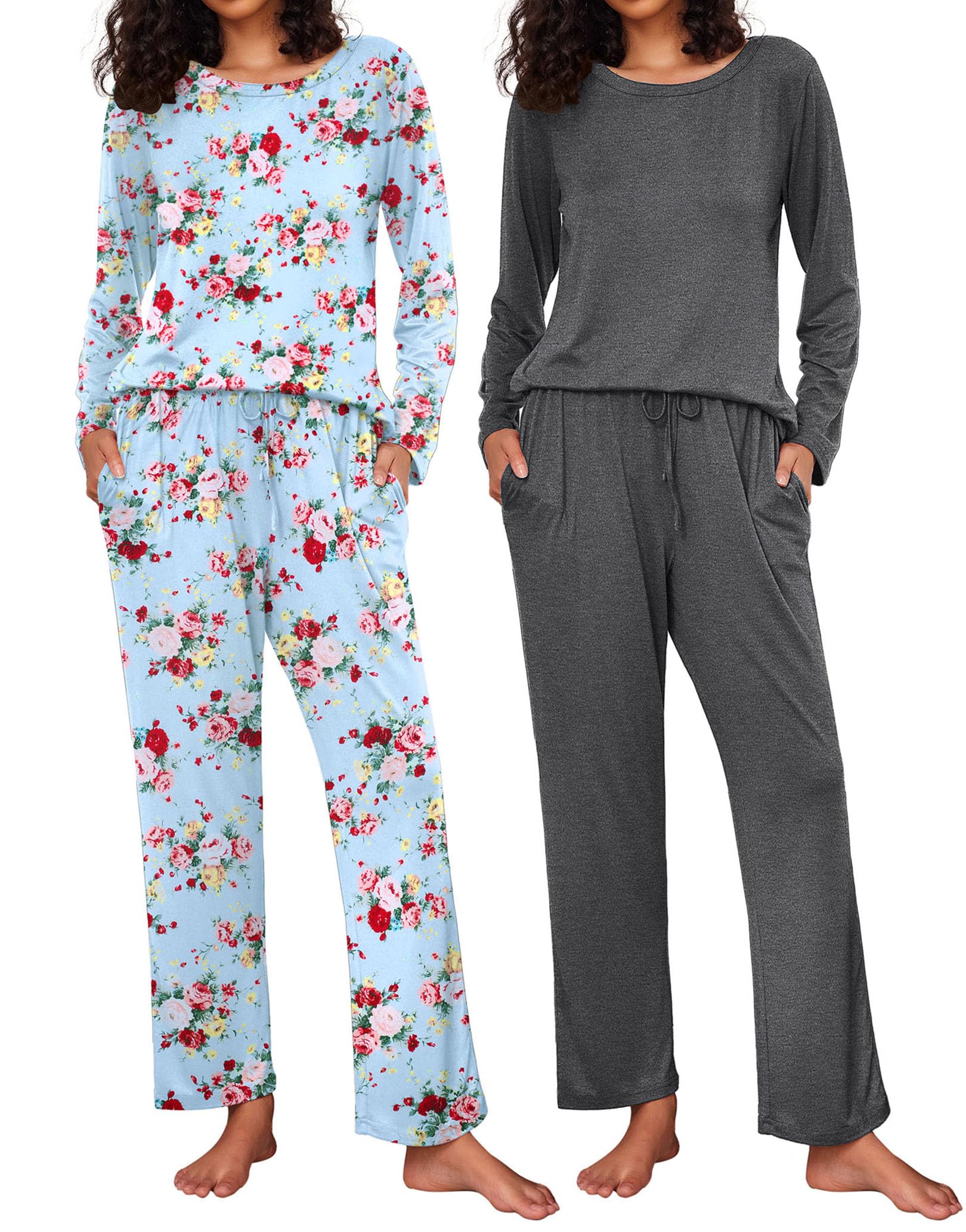 Ekouaer Women's 2 Pack Pajama Sets Long Sleeve Lounge Set Soft Comfy Pjs