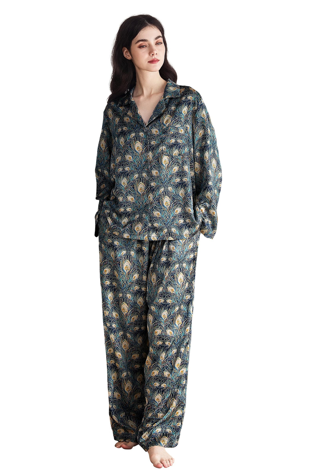 YiNi LuLu Womens Silk Satin Pajamas Set Button Down 2 Piece Pjs Long Sleeve Oversized Sleepwear with Pockets