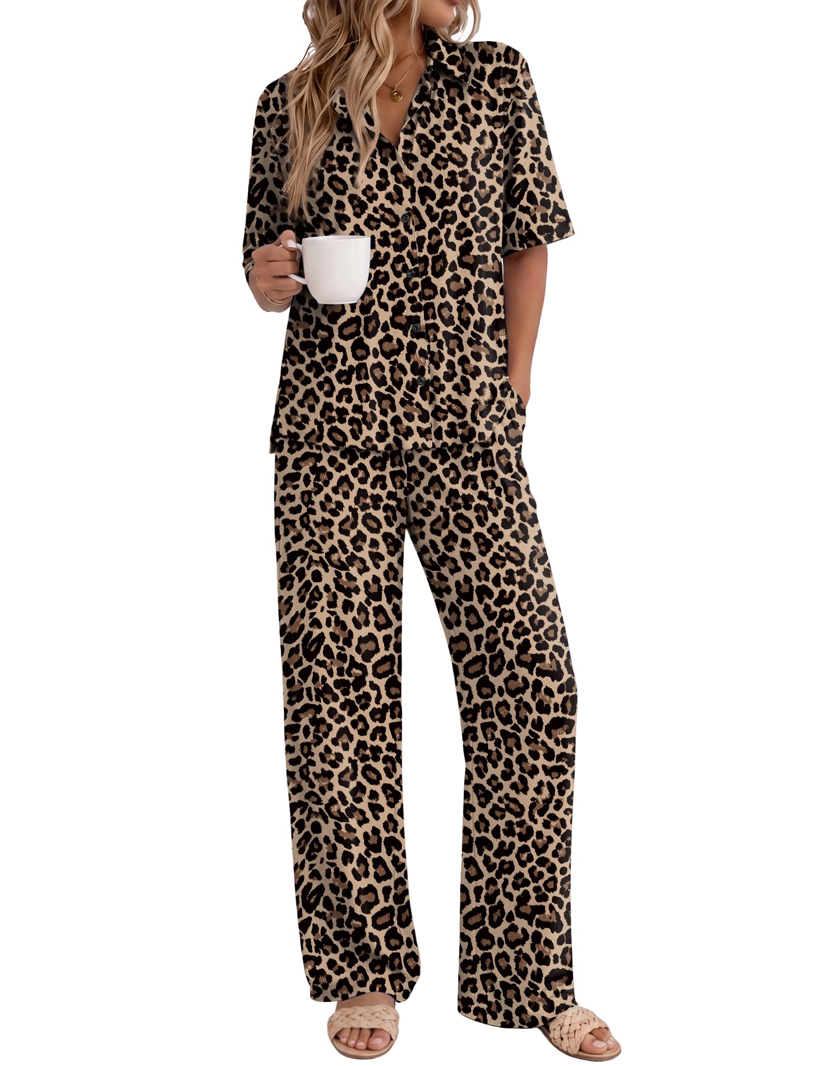 Ekouaer Pajamas for Women Set Button Up Short Sleeve Pjs with Long Pants